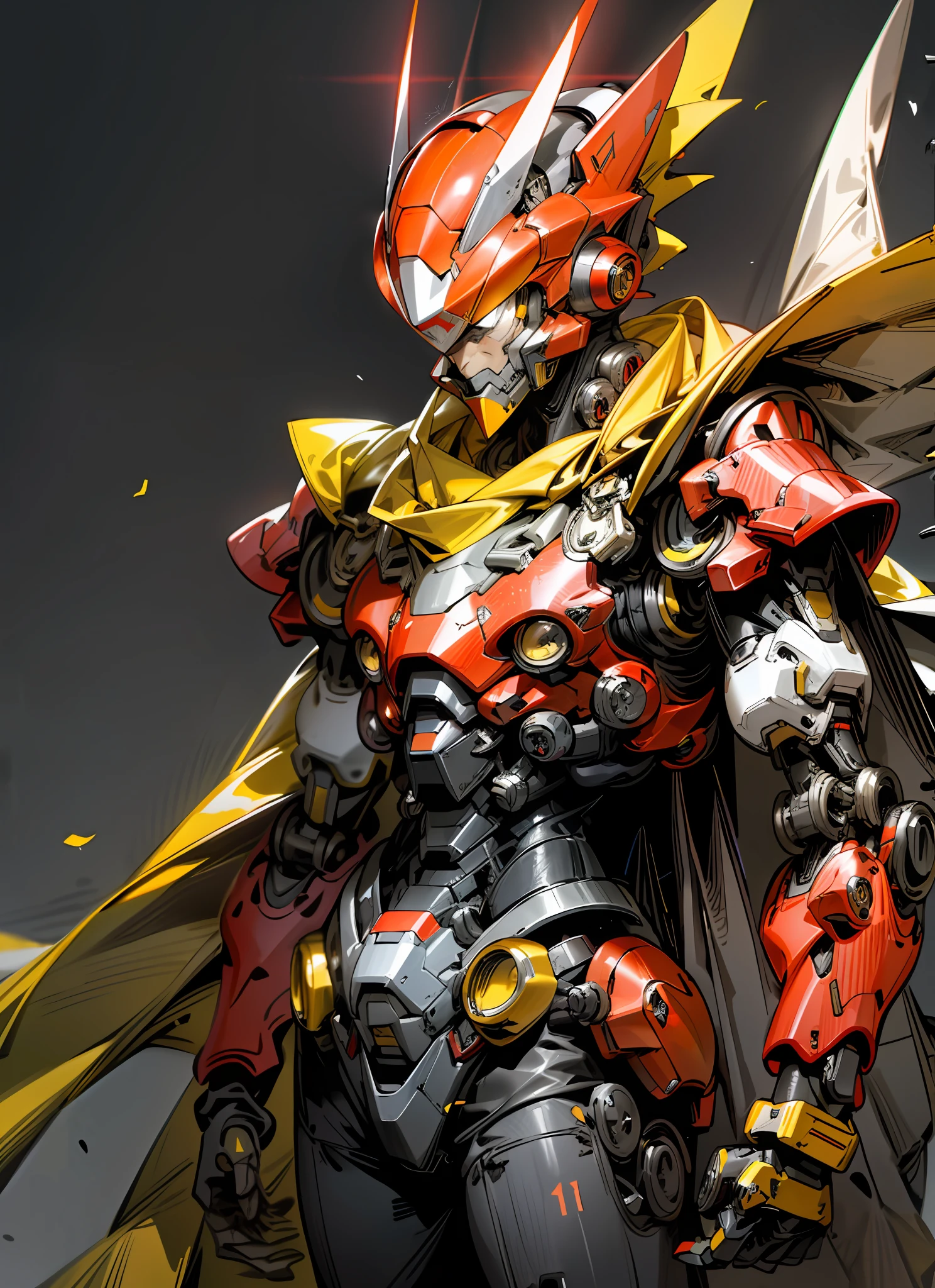 Dark_Fantasy, cyberpunk, (protoman from Megaman, red and gray armor, fluttering yellow cape, helmet, : 1.1), 1man, mechanical wonder, robotic presence, cybernetic guardian, booster,