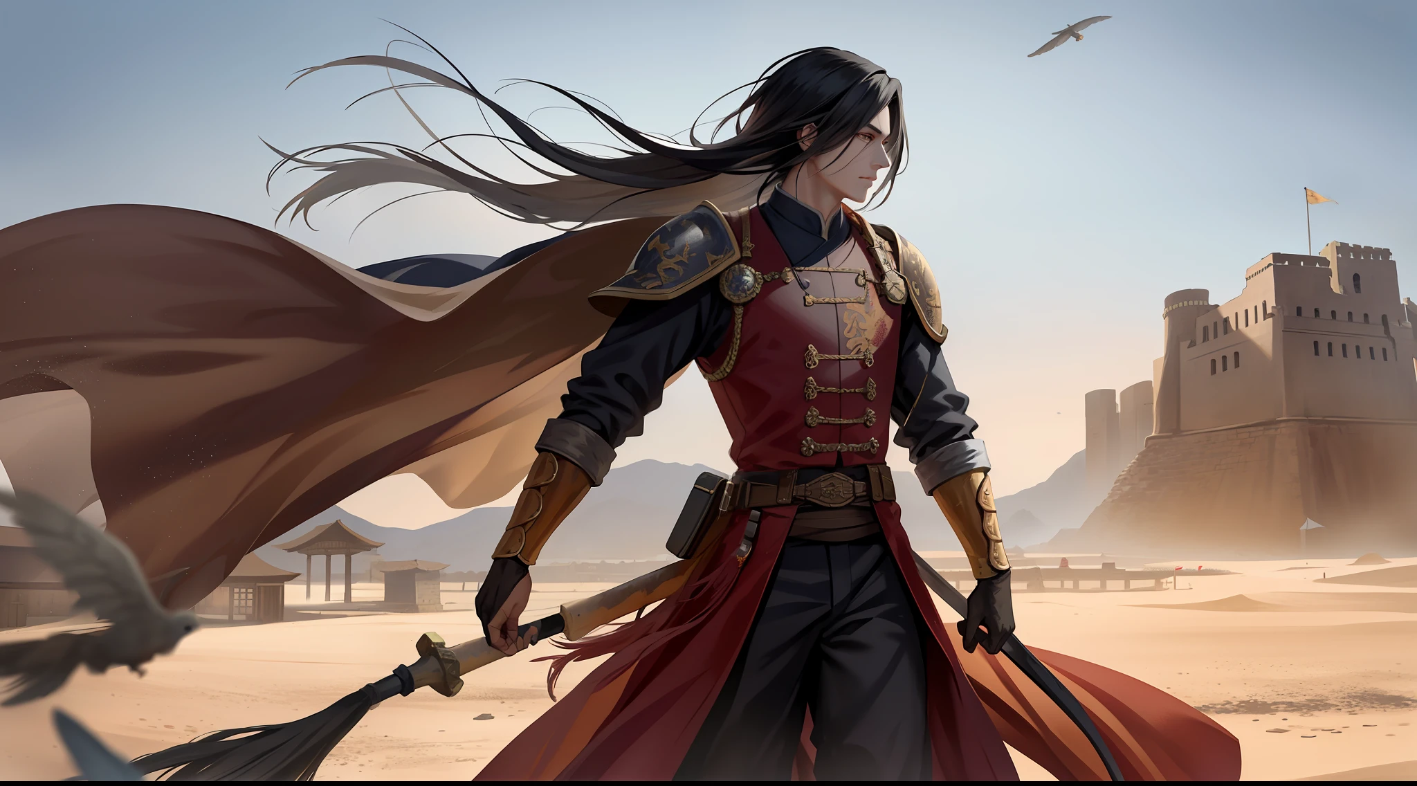 Features: city walls, mottled, dilapidated, bloodstained, watchtower. Country/Dynasty: Tang Dynasty. Character: Young man, sharp eyes, handsome, long black hair. Items: Exquisite armor, lone flag. Status/Action: Lonely, Facing, Hunting and Flying in the Wind, Scraping, Blowing Sand. Image: 4k, bright colors