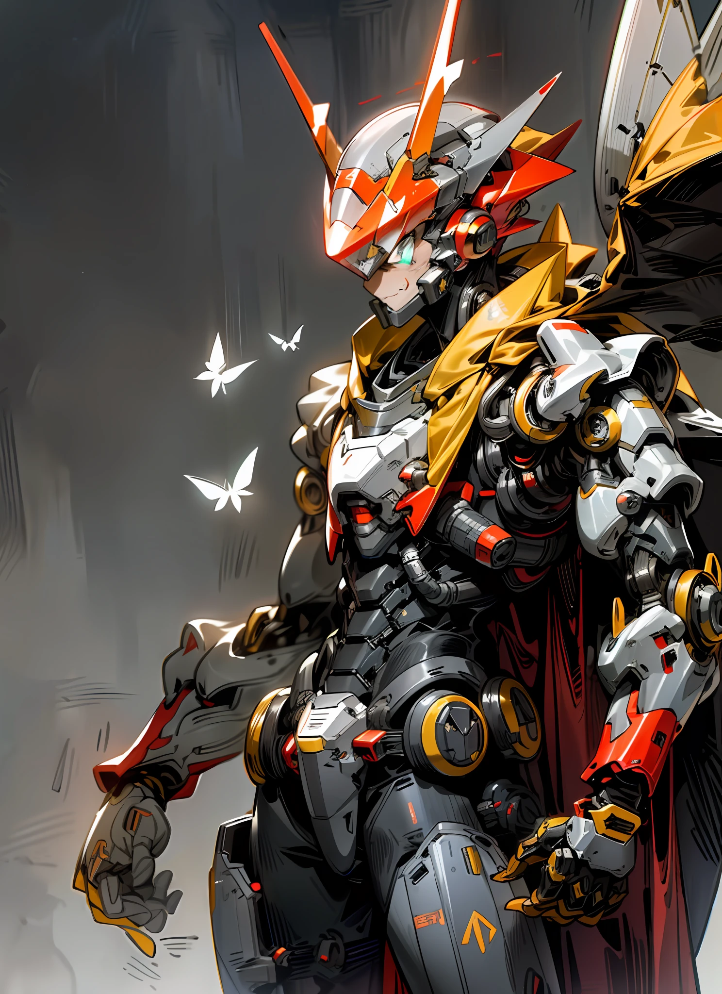Dark_Fantasy, cyberpunk, (protoman from Megaman, red and gray armor, fluttering yellow cape, helmet, : 1.1), 1man, mechanical wonder, robotic presence, cybernetic guardian, booster,