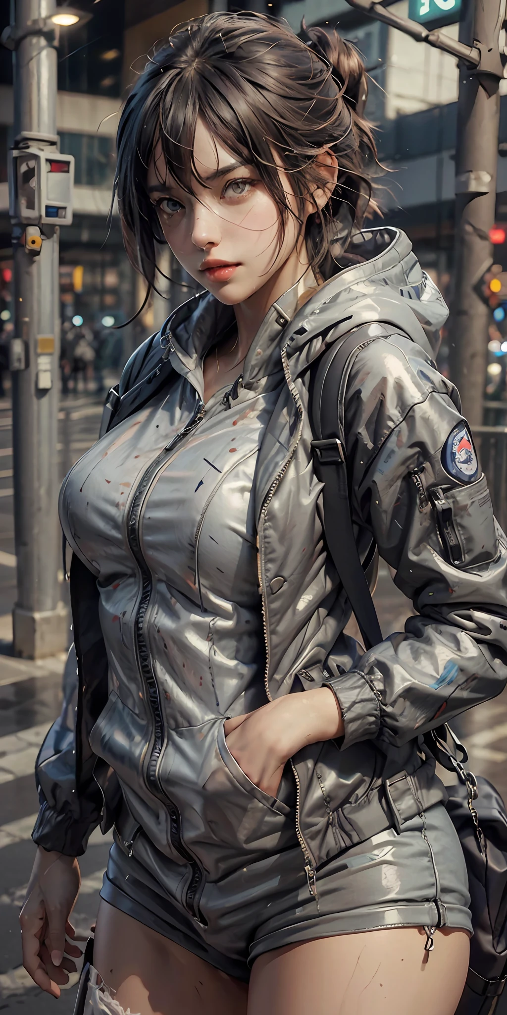 Best Quality Realistic 1 Girl, Rain, Super Big Breasts Jacket, Outdoor, Hoodie, Open Jacket, Chain, Backpack, Looking at Others, Messy Hair, 8K Ultra HD, Very Fine, Anatomically Accurate, Clear Image, Concept Art, Digital Painting, Shinkai Makoto Style, ArtStation Trend, Pixiv Trend.
