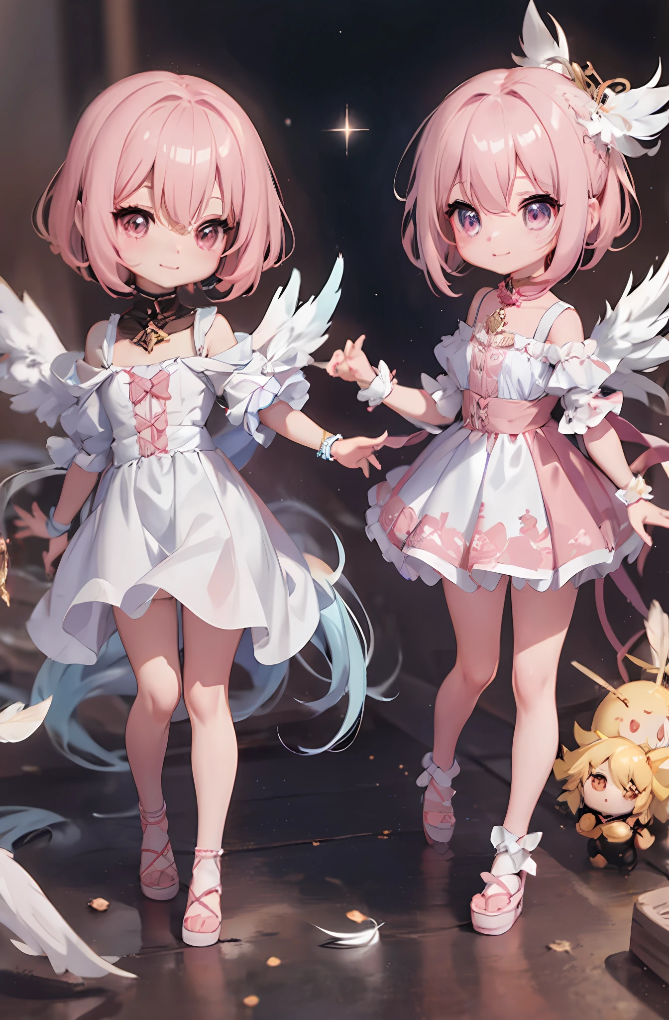 1 anime angel doll, (Chibi: 1.2), 8K high quality detail art, white feathers on the back, pink hair, gradient, twinkle, style as Nendoroid, stylized anime, anime style 4K, cute detailed digital art, Guweiz style artwork, 8K octar rendering photos, advanced digital chibi art, Cute 3d render, anime style, light, glow