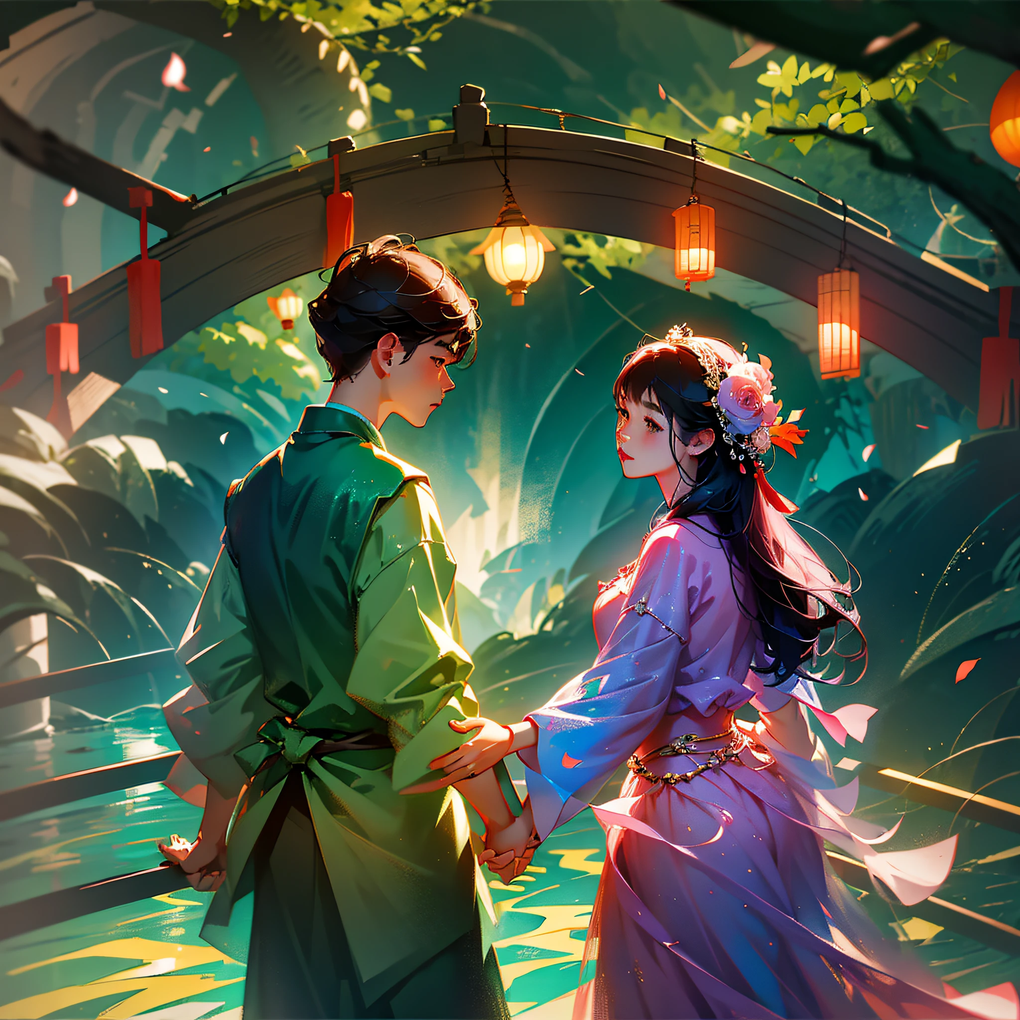boy1, girl1, holding hands on the bridge, looking at each other, river under the bridge, Chinese costumes, flowers, midnight, lanterns --auto --s2