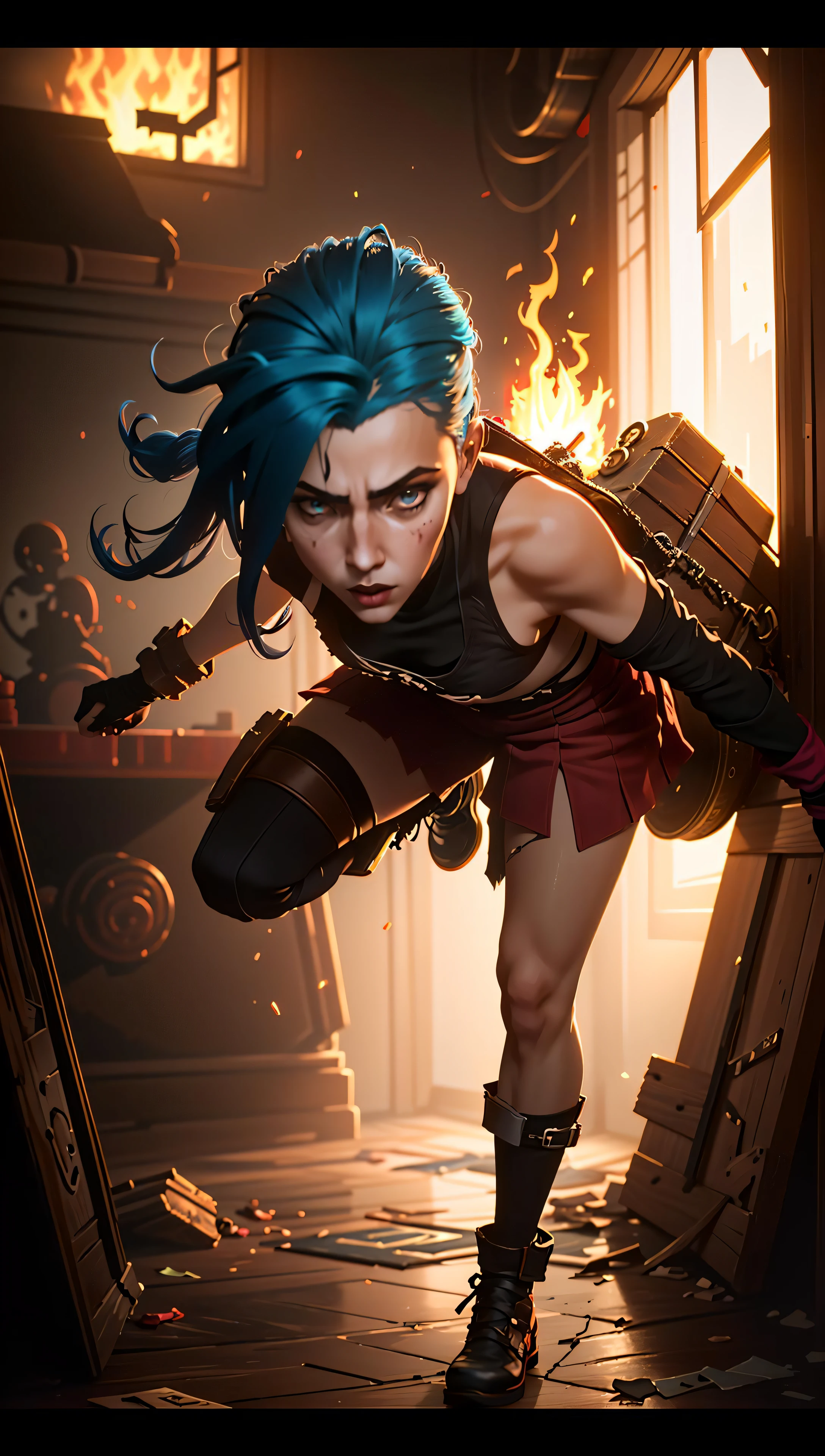 ((Best quality)), ((masterpiece)), (highly detailed:1.3), 3D, arcane style,In the dark and gritty dystopian city Piltover, plagued by ???????? and divided into two opposing factions, a young prodigy named Jinx emerges. Having endured unimaginable loss and abandonment, she has embraced a life of chaos and destruction. Known for her inventive and explosive abilities, Jinx becomes an icon of rebellion against the oppressive forces controlling the city. However, haunted by guilt and battling inner demons, she must confront her past and decide whether to continue down the path of anarchy or seek redemption amidst the turmoil. Explore the journey of Jinx as she navigates a treacherous world, fighting for survival, unraveling secrets, and discovering the true meaning of her twisted existencechaos reigns supreme, and at the heart of it all is Jinx, the embodiment of unpredictability. Delve deep into the twisted mind of Jinx, exploring the origins of her madness and the driving force behind her destructive nature. Unveil the moments that shaped her into the deranged and iconic character we know. Take us on a wild journey through the vibrant streets of Piltover and the grim underbelly of Zaun as Jinx wreaks havoc with her explosive arsenal. Can redemption ever find its way into Jinx's fractured soul? Or will she forever dance on the edge of sanity, embracing the chaos that fuels her very existence? The fate of Arcane hangs in the balance as Jinx's path intertwines with unlikely allies and formidable foes. Ignite your imagination and paint a vivid portrait of Jinx's twisted psyche, capturing the essence of her madness and the untamed spirit that defines her,HDR (High Dynamic Range),Ray Tracing,NVIDIA RTX,Super-Resolution,Unreal 5,Subsurface scattering,PBR Texturing,Post-processing,Anisotropic Filtering,Depth-of-field,Maximum clarity and sharpness,Multi-layered textures,Albedo and Specular maps,Surface shading,Accurate simulation of light-material interaction,Perfect proportions,Octane Render,Two-tone lighting,Low ISO,White balance,Rule of thirds,Wide aperature,8K RAW,Efficient Sub-Pixel,sub-pixel convolution,luminescent particles