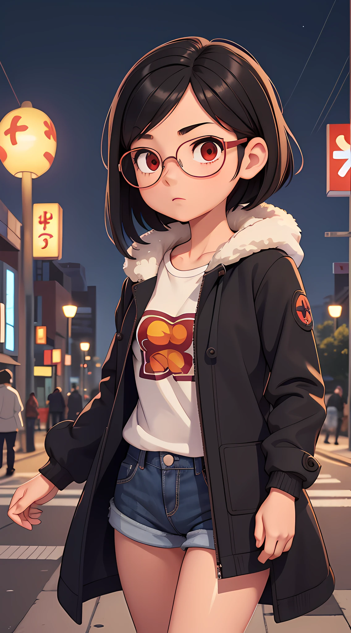 1girl, sensual and innocent,  girl, black hair, red eyes, beauty brand, round glasses, cropped short, short shorts, (large female coat over shoulders), urban, tokyo city, bustling city, moonlight, light particles,(best quality, masterpiece), (super ultra detailed), (illustration), (super masterpiece), extremely delicate and beautiful, (animated), (extremely detailed 8k CG), high resolution,  (perfect finger), (perfect hands), (detailed anatomy)