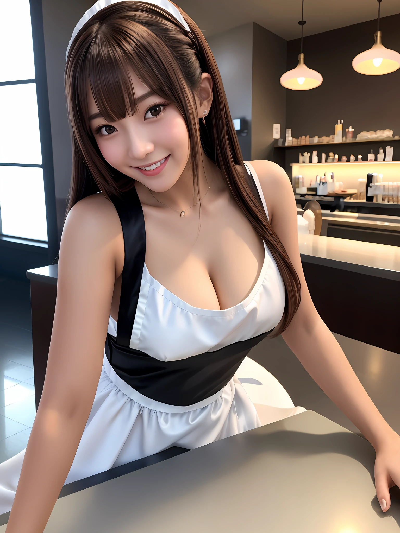 masterpiece, 1 girl per 1 photo, upper body shot, directly front view, a Japanese young pretty woman, wearing a satin black cute maid costume in the cafe with a big smile, wearing a white apron, glamorous figure, hyper cute face, glossy lips, sweaty body, double eyelids in both eyes, Natural makeup, long eyelashes, shiny smooth light brown hair of long bob hair, asymmetrical bangs, tanned skin, central image, 8K resolution, high detail, detailed hairstyle, Detailed Face, spectacular cinematic lighting, octane rendering, vibrant, hyper realistic, perfect limbs, perfect anatomy