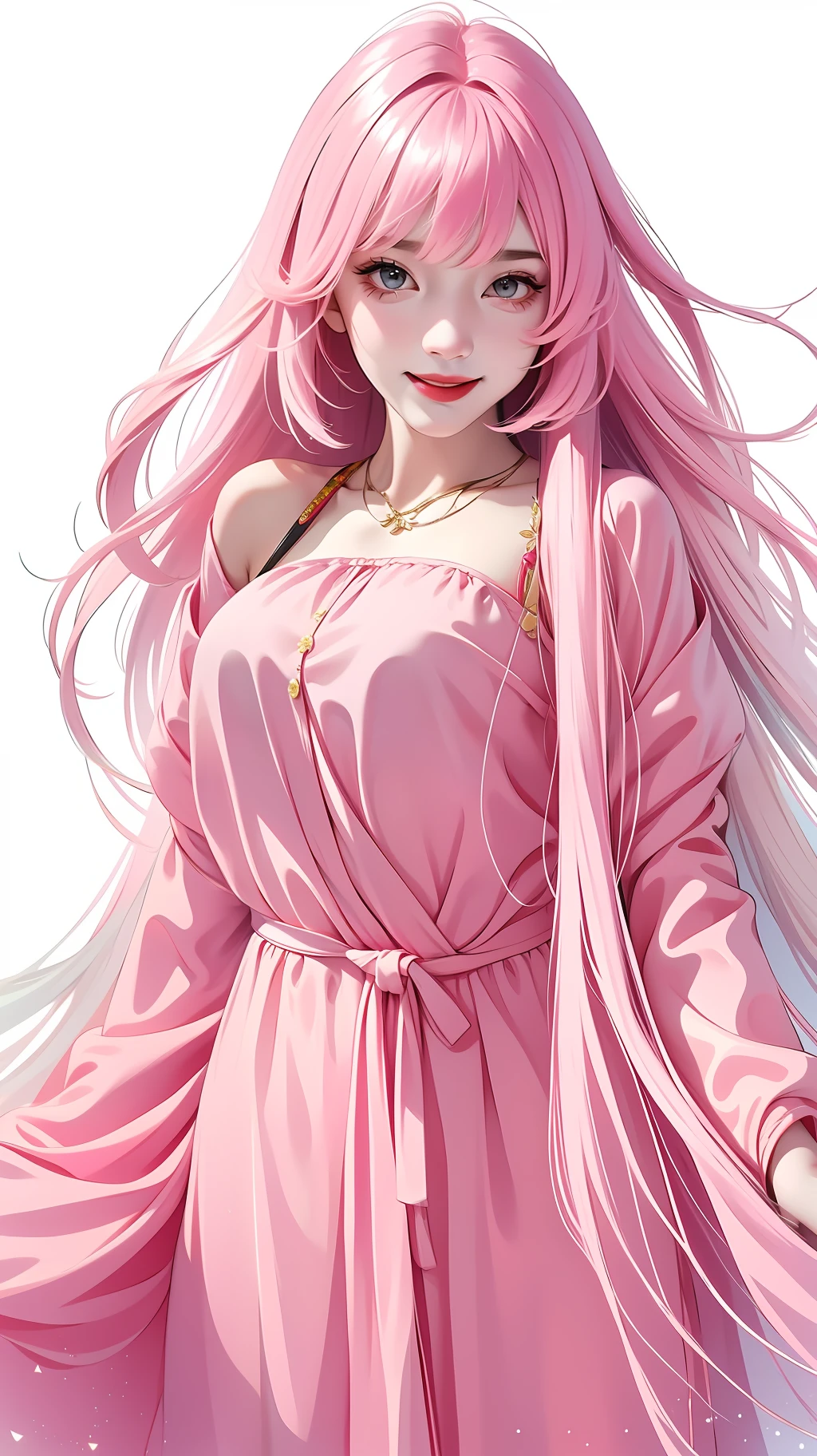 A girl with long pink clothes, straight bangs, flowing emanation, smile, fruit, half, fashion trend, pure white background