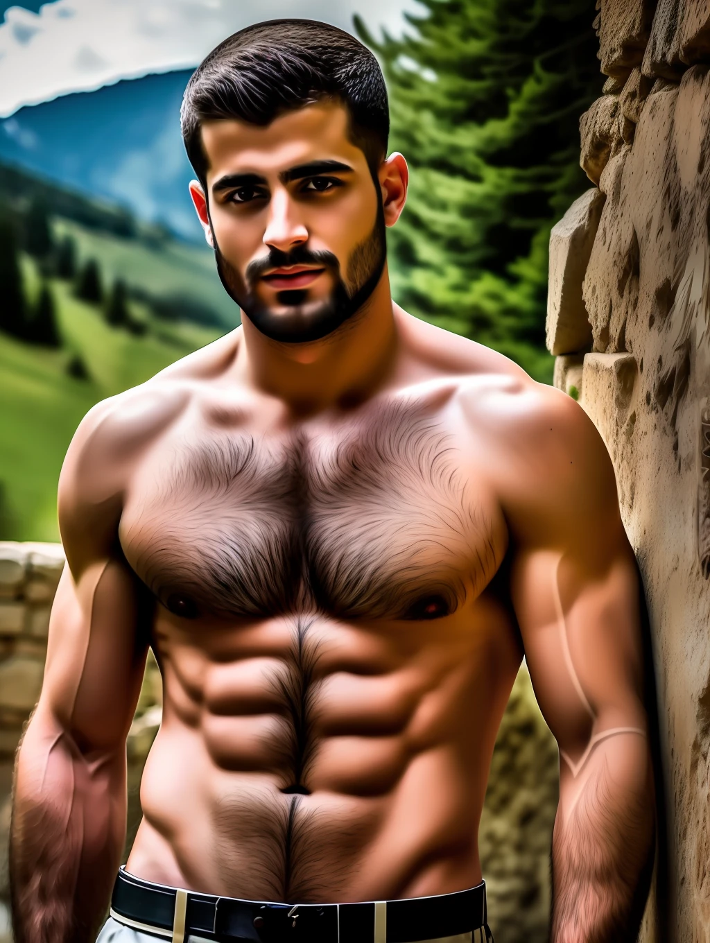 Masterpiece, creat a high resolution Portrait.  Druze 5 family young and mature handsome men in a small village as modern turkish soliders, hairy, ,masculine men ,traditional, hairy chest,druze village,hefty, wisdome, shirtless, trees, exposed, intimate, slim, modeling, weapons.  Realistic.