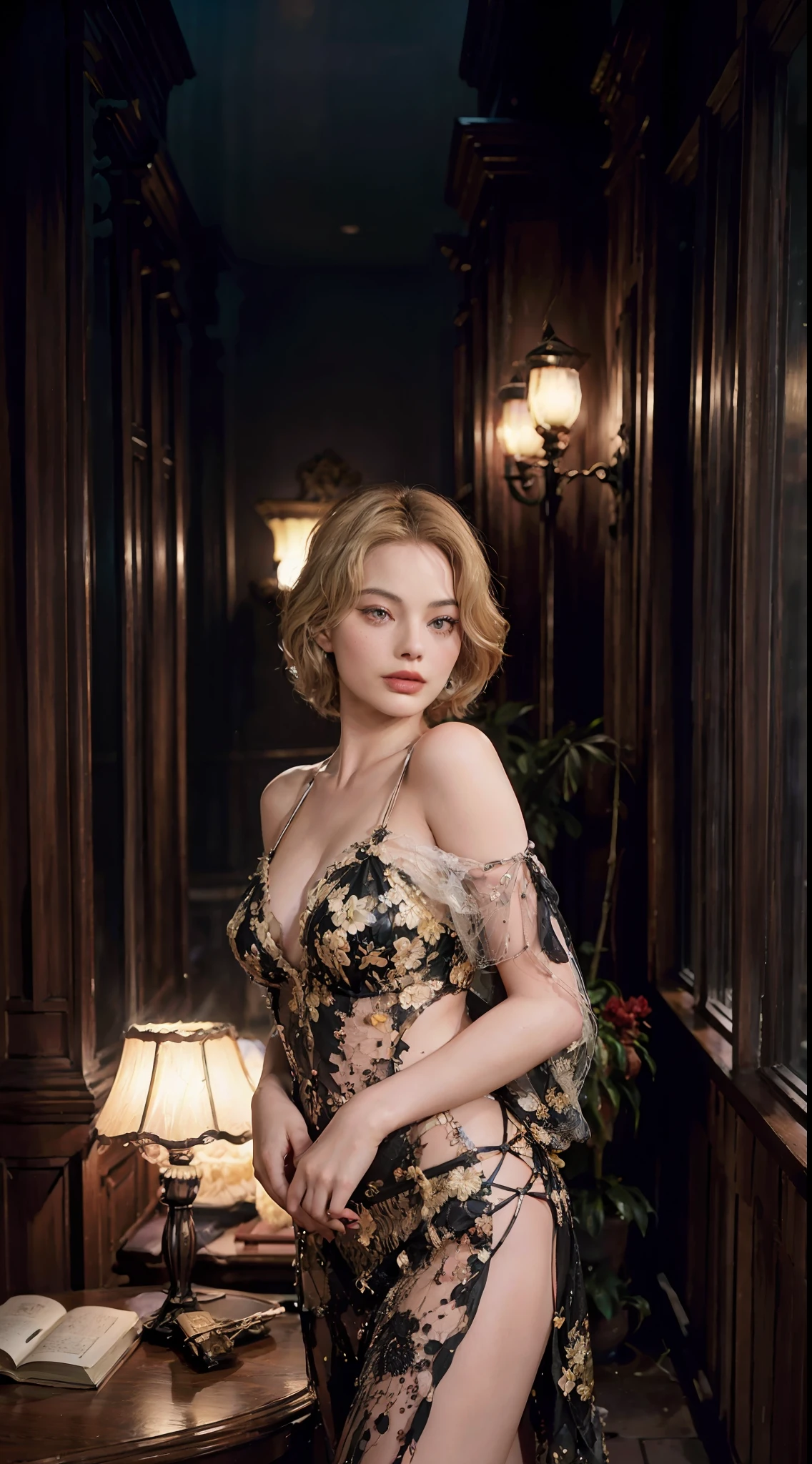 Masterpiece, portrait, close-up, beautiful Margot Robbie, black dress with neckline, big breasts, blonde hair, straight long hair, red lipstick, standing position in a library, luxurious, evening, very detailed lighting, dramatic, digital art trend in Artstation 8k HD detailed realistic high-definition, detailed, skin texture, hyper detailed, realistic skin texture, armor, best quality, ultra high res, (photorealistic: 1.4), high resolution, detailed, Raw photo, Sharp Re, by Lee Jeffries Nikon D850 Film Stock Photography 4 Kodak Portra 400 Camera F1.6 Lens Rich Colors Hyper Realistic Realistic texture Dramatic lighting UnrealEngine trend in ArtStation Cinestill 800