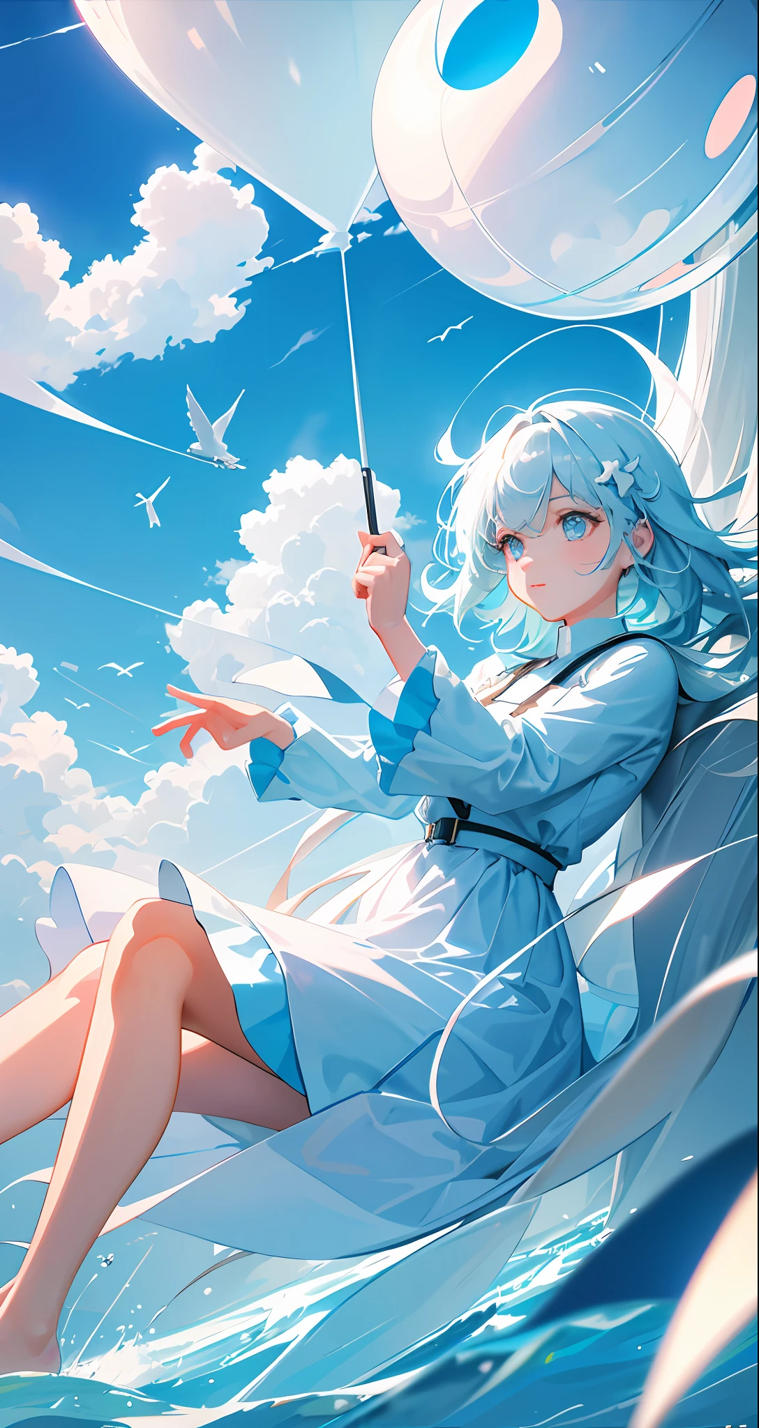 masterpiece, best quality, movie still, 1girl, floating in the sky, cloud girl, cloud, (close-up:1.1), bright, happy, fun, soft lighting, (Bauhaus, shapes, lines, abstract:1.1)