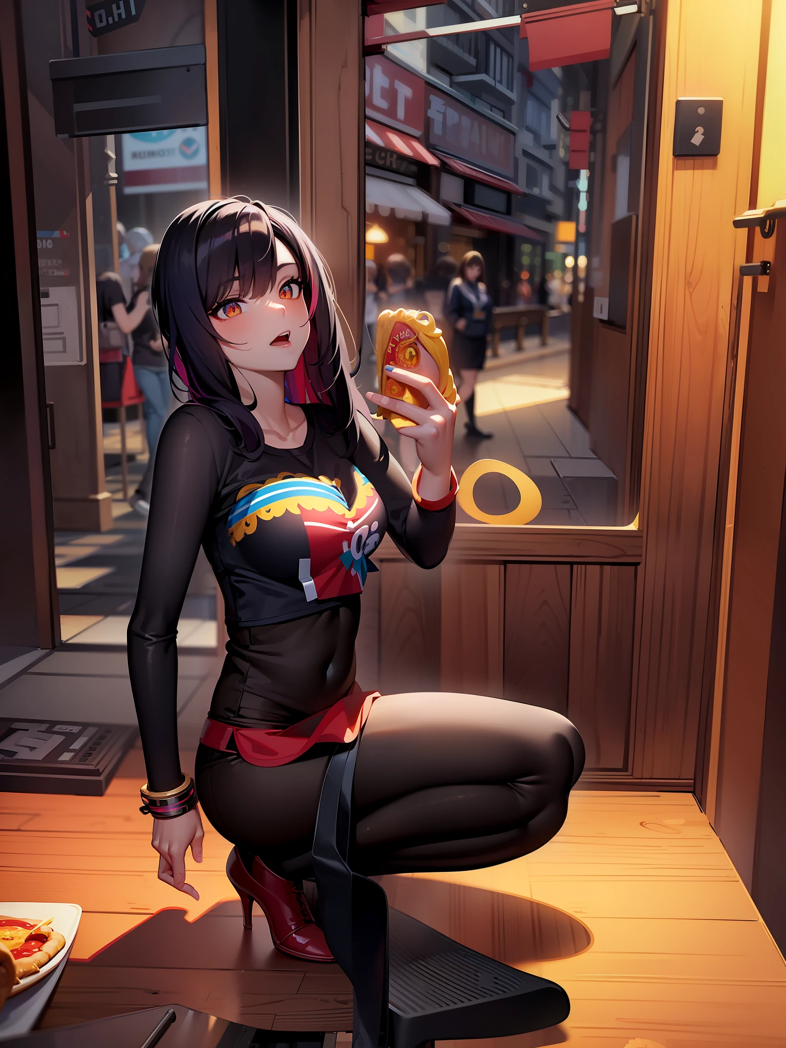 (best quality, high resolution, masterpiece), beautiful VTuber model🍕, dynamic pose, bright colors, detailed hair, big eyes, cute expression, dynamic lighting, colorful background.