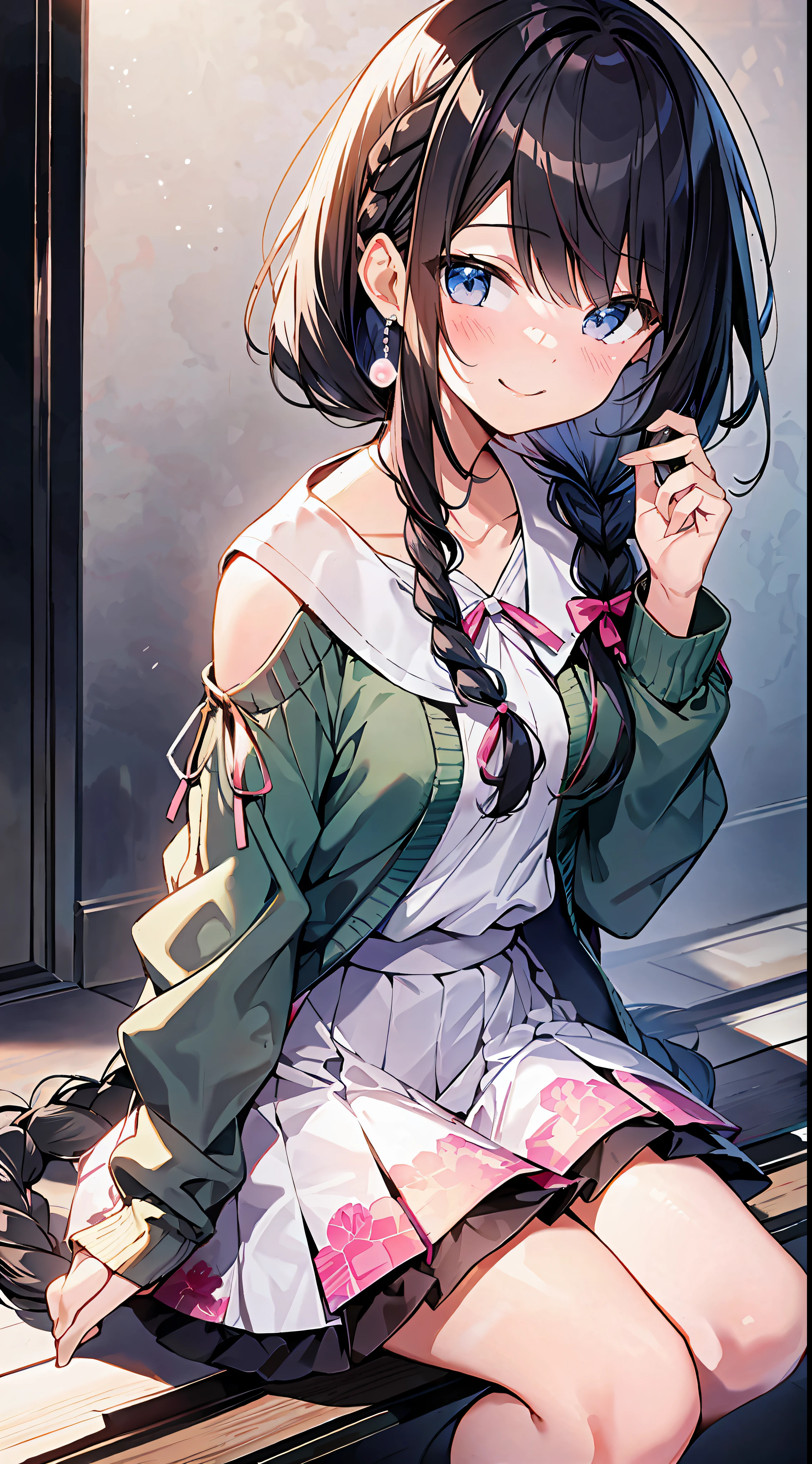 (incredibly absurdres absolutely resolution: 1.5), top quality, masterpiece, ultra high resolution, 8k, (pale colored cardigan, sneakers, skirt) BREAK shoujo manga style, (2 people), (li), soft line art, digital enhancement, shojo manga touch, shojo manga core, (((hair length to shoulder))), (((short braid))) BREAK Soft drawing, beautiful black hair, clear eyes, ((smile, wink)), ultra-detailed digital anime art, clear face depiction, ultra-detailed shojo manga character art, clear facial features, manga style, top quality colors, foot-visible angle, entangle, beautiful and aesthetic: 1.5, high quality: 1.3