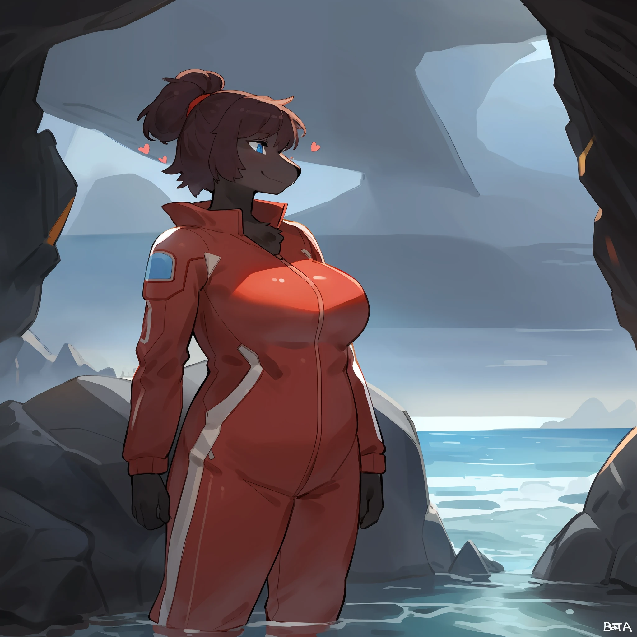 Solo, female, werewolf, black fur, black body, blue eyes, dark maroon hair, smiling, big breasts, chubby, detailed eyes, detailed hands, hearts, short hair, up do, hair bun, tall, wide, large, thick, by bebebebebe, by buta99, red spacesuit, red jumpsuit, alien beach, foggy, hazy, grey sky, cloudy, thunder, rough waves, jagged rocks, view from sci fi garage, 1970s retrofuturist,