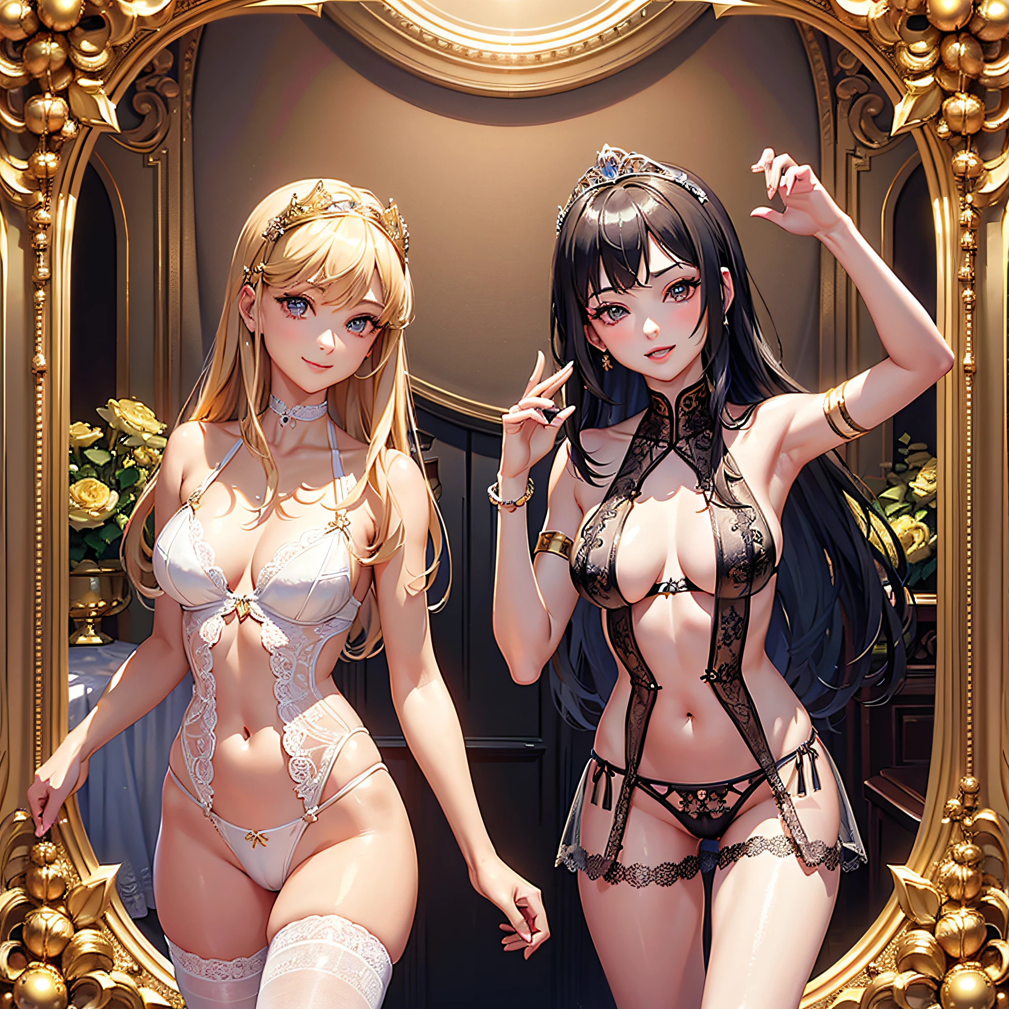 (Masterpiece, Top Quality, Best Detail, Official Art, Beautiful and Aesthetic, (2 Girls: 1.3), Highly Detailed, (Fractal Art: 1.1), (See-through: 1.3), (Lingerie Dress: 1.5), (Low-rise Panties: 1.5), (Cowboy Shot: 1.5), (Shiny Skin), (Mekosuji: 1.4), (Tiara: 1.4), Breasts in shape, slim waist, golden hair, looking at the viewer, detailed eyes, metal ornaments, very delicate details, frontal figure, smile, photon mapping, stockings,