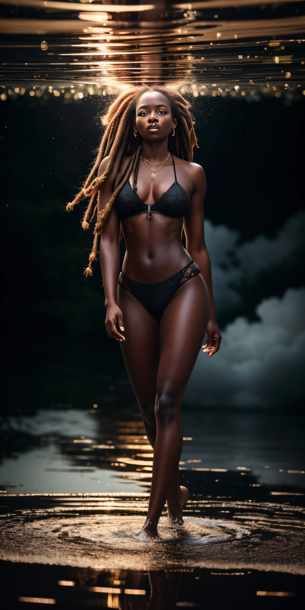 (Best quality, masterpiece), 1girl, black skin, dread locks, particles, looking at the audience, 8k resolution, contempt, pride, full body, Floating in the air, Fire lord, bare footed, ankle chain, large hips, explosion in the clouds, Hyper realistic, Photography, Picture of the week, RAW, beautiful, (finely detailed skin), dark skin, damp, moist, reflections, (masterpiece) (perfect proportion)(realistic photo)(best quality) (detailed) photographed on a Canon EOS R5, 50mm lens, F/2.8, HDR, (8k) (wallpaper) (cinematic lighting) (dramatic lighting) (sharp focus) (intricate)