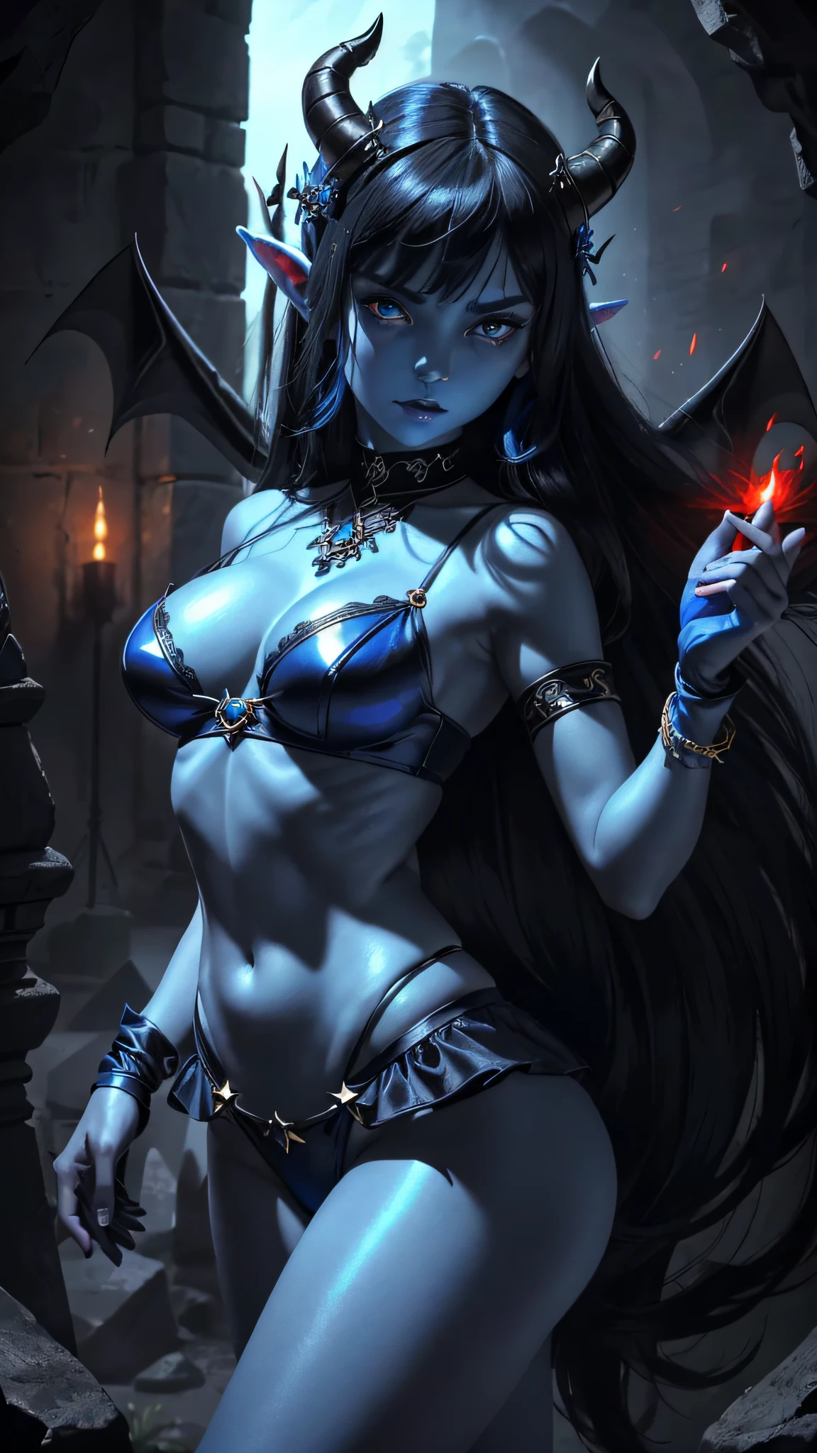 (masterpiece: 1.2, best quality), (2girls()), black hair, huge breasts, (dynamic posture), (shiny skin, blue skin), demon girl, blue skin, thin and lacy gloves, ( small demonic horns:1.1), (heaven), bangs, (jewelry, red ornament:1.15 ), large pelvis,