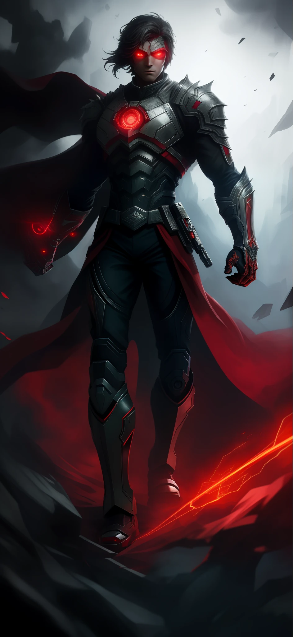 masterpiece, best quality, ultra-detailed, extremely detailed, a hero with red glowing eyes, high resolution, dynamic angle, dynamic pose, (1man), 8k)