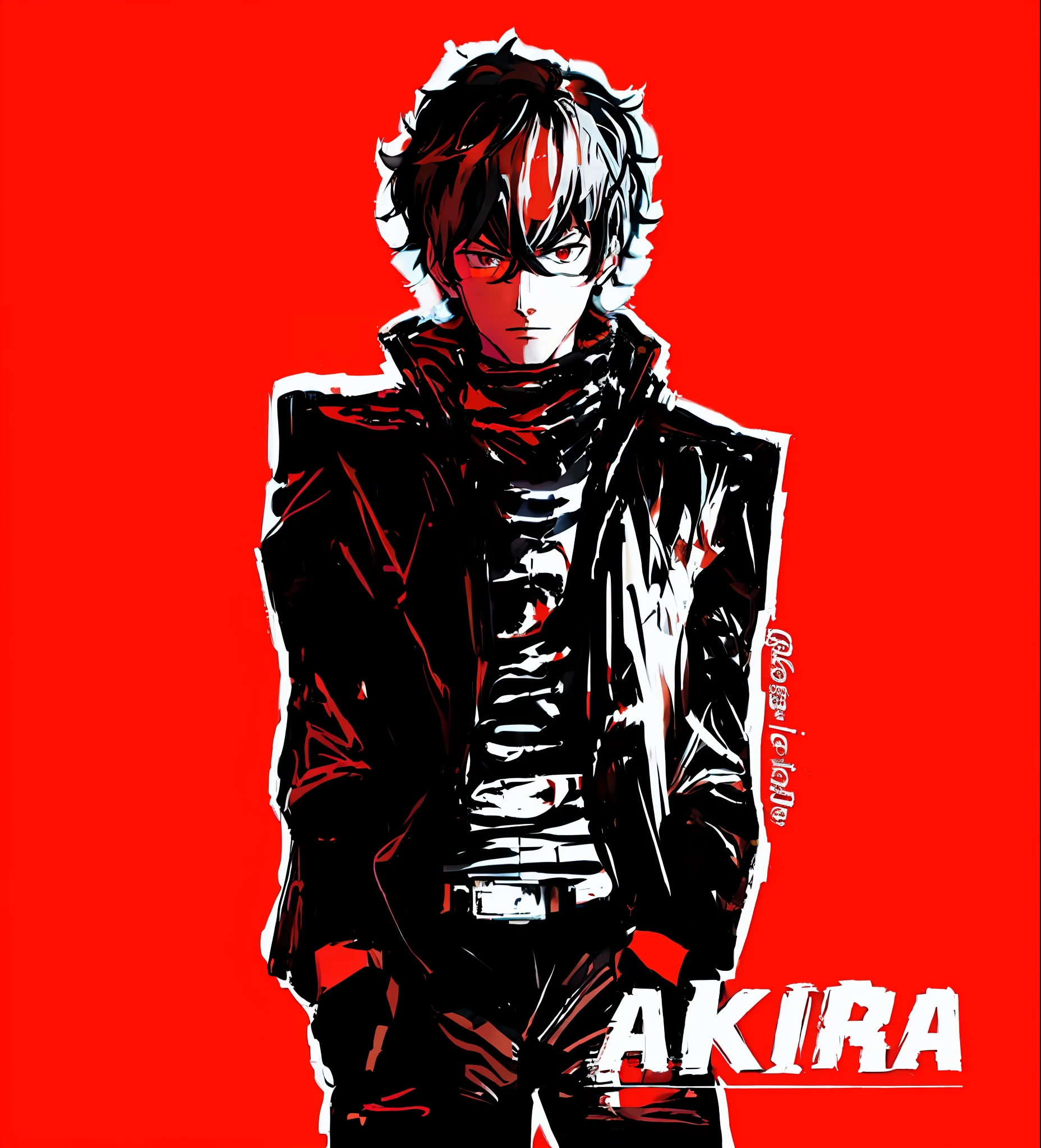 a man in a black jacket and red background with a red background, akira artstyle, royal attire akira, akira art style, akira vibes, akira color palette, akira movie style, akira anime cyberpunk, 19xx :2 akira movie style : 8, akira anime, akira style illustration, akira style, akira moto, kentaro miura manga art style