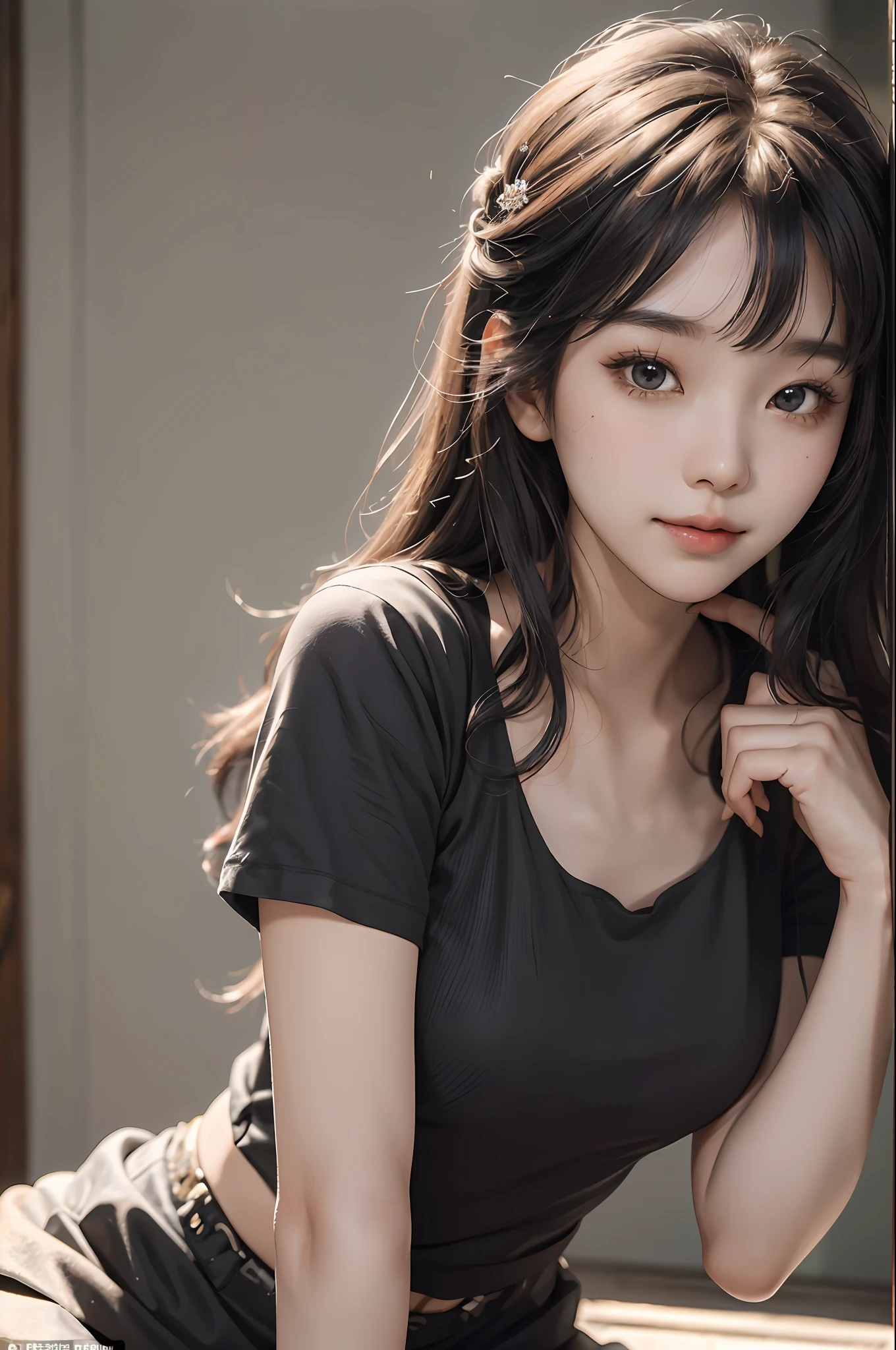 Masterpiece: 1.2, (Best Quality), Realistic, Beautiful Lee Ji-eun (IU) Face (3.0) Bust (Real Picture, Intricate Details, Depth of Field), Short Sleeve Black T-Shirt Shyness Pose (Chest Size 1.2) (Smile) Delicate Facial Features (1.8) (Fair Skin, Delicate), Dreamy Beautiful Scene Miniskirt Thin waist