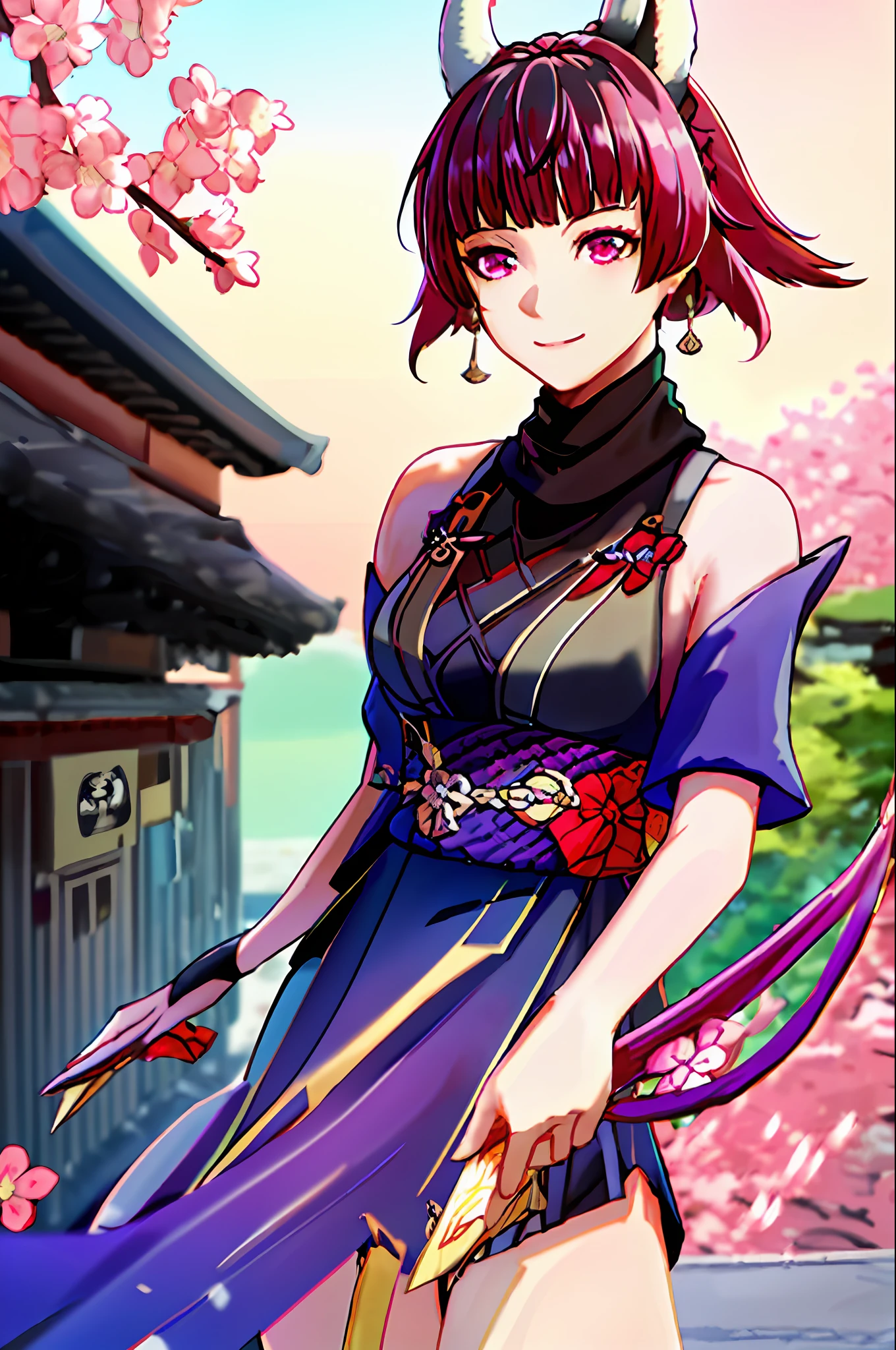 masterpiece, best quality, 1girl, solo, upper body, genshin impact, yae miko, 1girl, animal ears, branch, breasts, cherry blossoms, closed mouth, cowboy shot, earrings, flower, fox ears, japanese clothes, jewelry, long hair, looking at viewer, medium breasts, nontraditional miko, outdoors, pink hair, purple eyes, purple flower, ribbon-trimmed sleeves, ribbon trim, sidelocks, smile, solo, wide sleeves, dynamic pose,  genshin,