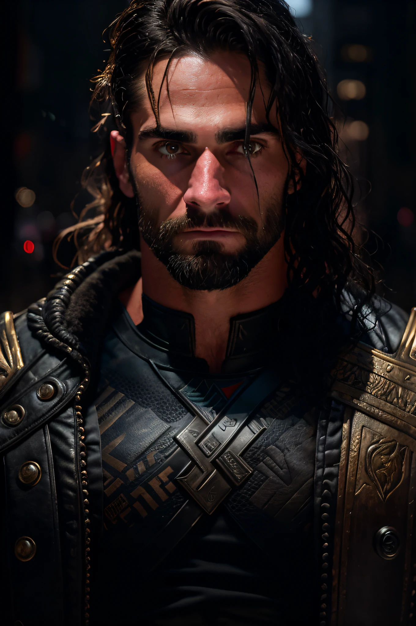 best quality, masterpiece, upper body, seth rollins, by Jeremy Lipking, by Antonio J. Manzanedo, by lee jeffries nikon d850 film stock photograph 4 kodak portra 400 camera f1.6 lens rich colors hyper realistic lifelike texture dramatic lighting unrealengine trending on artstation cinestill 800, fisheye lens