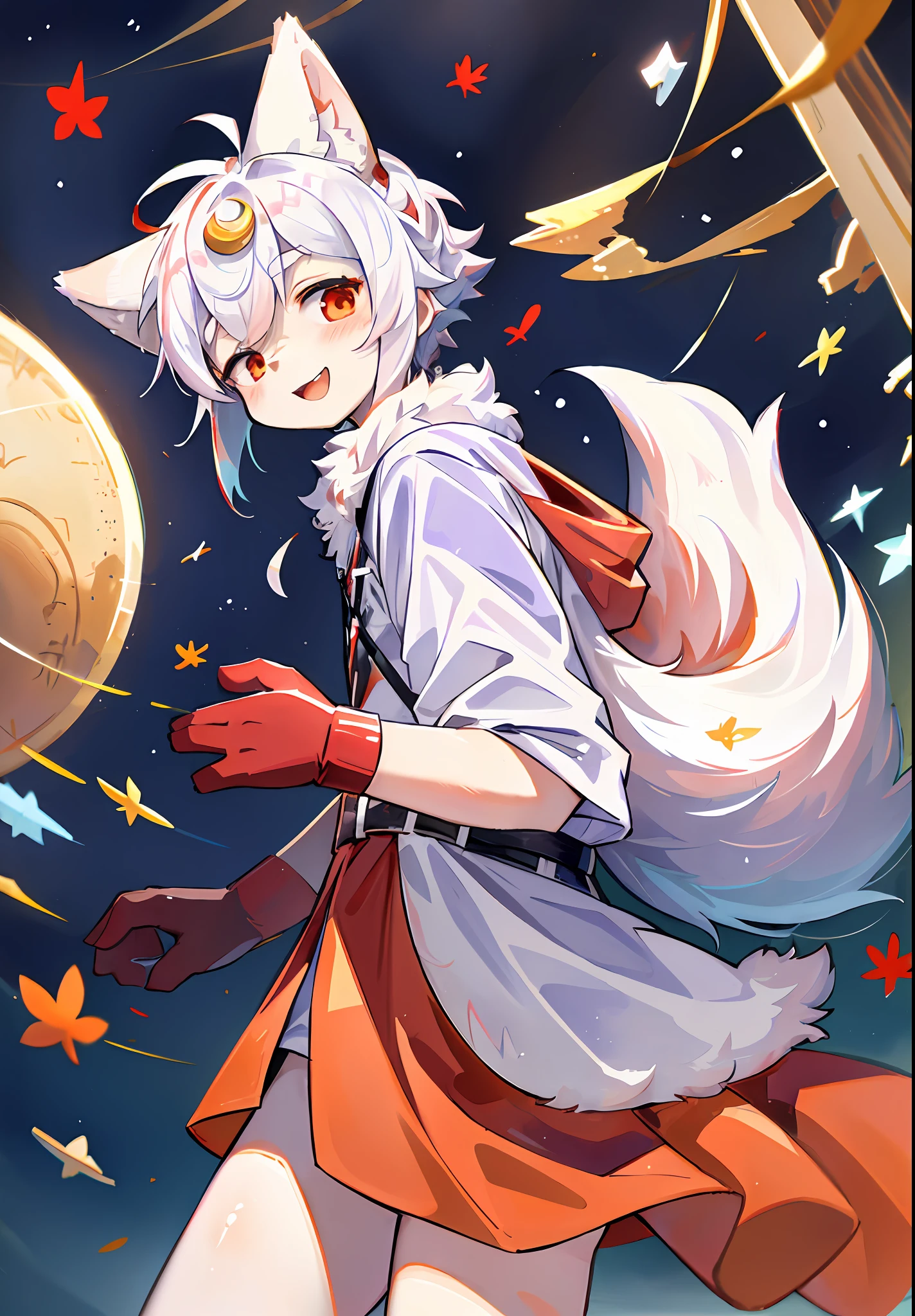 (masterpiece:1.3), (2D:1.0), (anime:1.0), (illustration:1.0), (sharp:1.2), (hard light:1.0), (shadow:1.0),(reflection, refraction:0.8), (light, dappled light, glare, lens flare, Tyndall effect: 1.0), (sharp, shiny: 1.0), (Best Quality: 1.2), (Ultra Fine: 1.0), (Extremely Complex: 1.0), (Blurred foreground, Cinematic Light, Ray Tracing: 1.1), (bright_colors, dark_intense_shadows: 1.1), (Impasto, Colorful: 1.2), (warm_light_from_below, glow_white_ particles:1.1),(Ensemble_Stars! _\(style\):0.95). wolf_boy,anthro,uploaded_on_e621,solo,upper_body,cowbow_shot,male_focus,furry_kemono,furry_male,cub,young_male,bishounen,_yeld,kaw,cute,fancy,fragile,cool, handsome. detailed_fluffy_fur,tuft,(white_fur,body_fur,oil_skin,skin_with_fluffy_fur:1.3),animal_nose,animal_ear_fluff,fluffy_paws,pawpads,animal_hand,fluffy_big_tail。 Black clothes printed with a maple leaf pattern. (white hooded cape, red and black hoodie: 1.5), short male hair, white hair, purple eyes, closed eyes, bangs, red dull hair, designed according to the character of Genshin Manyo, open mouth, smile, light blush, goggles, hands raised in the water, holding a red katana, red metal leg rings on the thigh of the right leg are short, bottomless, (swimming: 1.2), looking ahead to the left. (night, starry_sky, crescent_moon, star_\(sky\), gem, plant, star_\(symbol), sparkle), outdoors, landscape, creek
