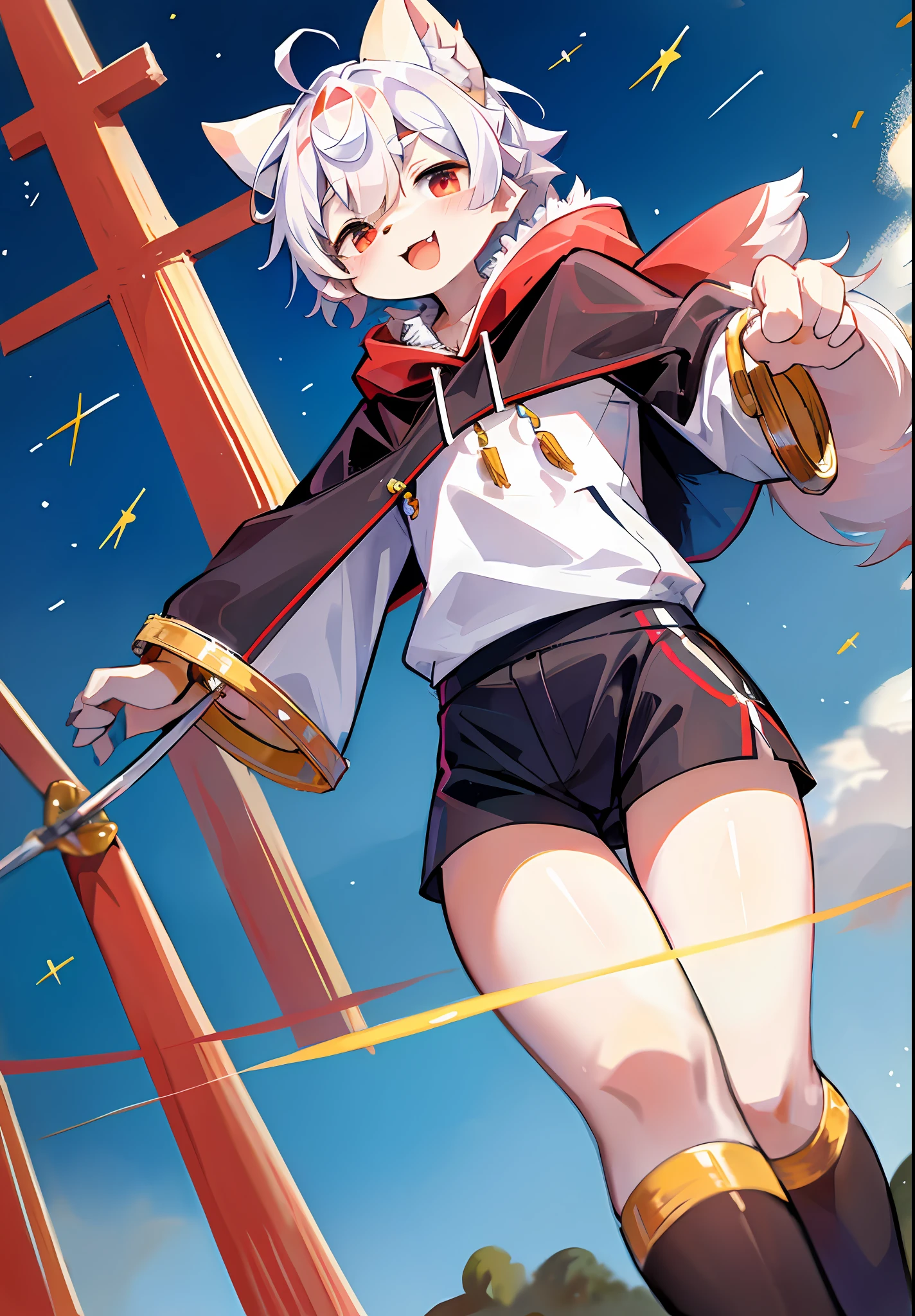 (masterpiece:1.3), (2D:1.0), (anime:1.0), (illustration:1.0), (sharp:1.2), (hard light:1.0), (shadow:1.0),(reflection, refraction:0.8), (light, dappled light, glare, lens flare, Tyndall effect: 1.0), (sharp, shiny: 1.0), (Best Quality: 1.2), (Ultra Fine: 1.0), (Extremely Complex: 1.0), (Blurred foreground, Cinematic Light, Ray Tracing: 1.1), (bright_colors, dark_intense_shadows: 1.1), (Impasto, Colorful: 1.2), (warm_light_from_below, glow_white_ particles:1.1),(Ensemble_Stars! _\(style\):0.95). wolf_boy,anthro,uploaded_on_e621,solo,upper_body,cowbow_shot,male_focus,furry_kemono,furry_male,cub,young_male,bishounen,11_years_old,kawaii,cute,fancy,fragile,cool, handsome. detailed_fluffy_fur,tuft,(white_fur,body_fur,oil_skin,skin_with_fluffy_fur:1.3),animal_nose,animal_ear_fluff,fluffy_paws,pawpads,animal_hand,fluffy_big_tail。 Black clothes printed with a maple leaf pattern. (white hooded cape, red and black hoodie: 1.5), short male hair, white hair, purple eyes, closed eyes, bangs, red dull hair, designed according to the character of Genshin Manyo, open mouth, smile, light blush, goggles, hands raised in the water, holding a red katana, red metal leg rings on the thigh of the right leg are short, bottomless, (swimming: 1.2), looking ahead to the left. (night, starry_sky, crescent_moon, star_\(sky\), gem, plant, star_\(symbol), sparkle), outdoors, landscape, creek