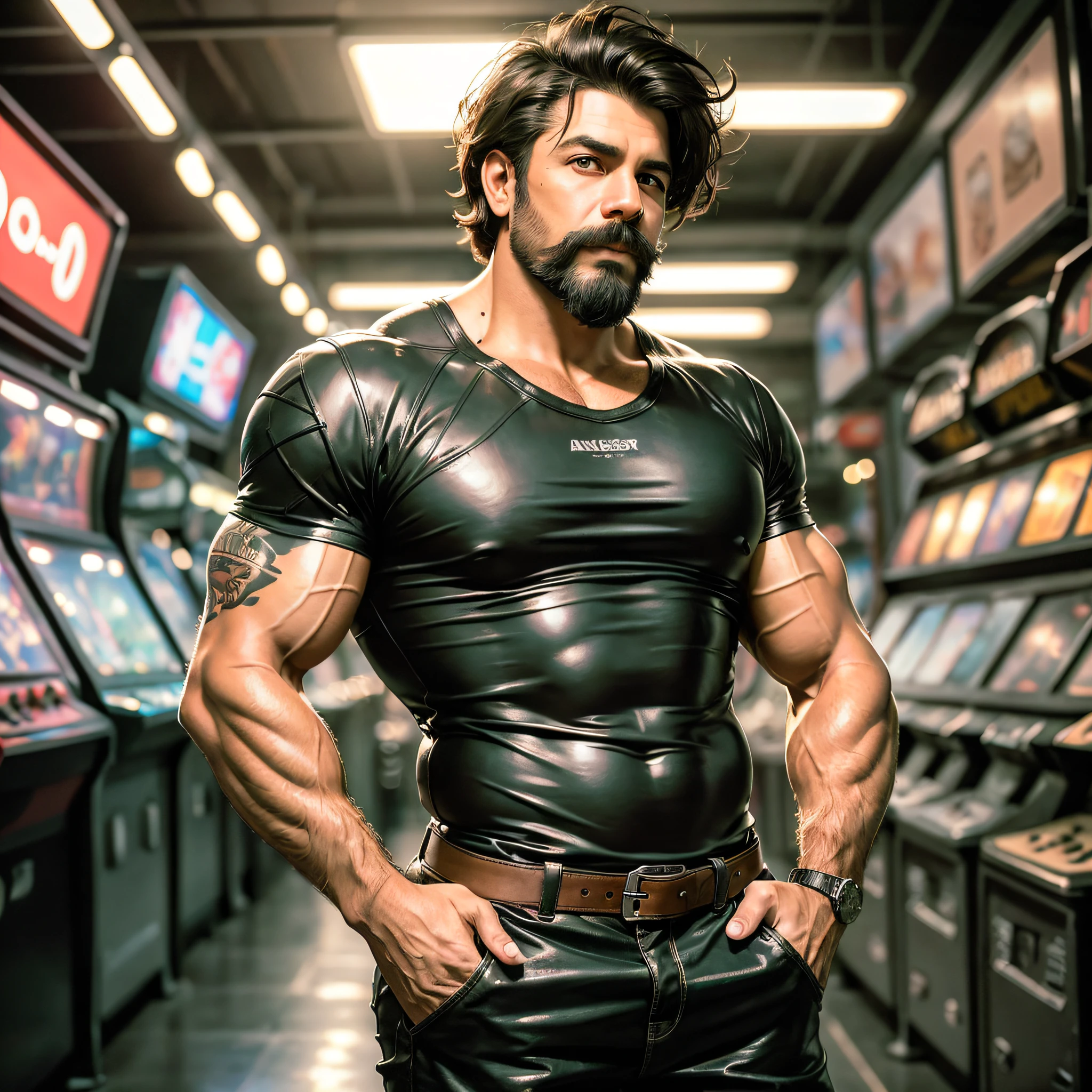 (Highest quality, amazing details: 1.8), masterpiece, original characters, natural volumetric lighting and best shadows, ultra-detailed, best quality, ultra high resolution, professional lighting, photon mapping, radiosity, physically-based rendering, cinematic lighting, deep depth of field, sharp focus, portrait of 45 year old man muscular, bodybuilder, incredibly beautiful, full body, handsome face manly, and attractive with eyes seductive browns, seductive smile, bearded hair and mustache shaggy shaggy windswept hairstyles, thick hairstyles in medium layers, thick lips parted, wearing black leather shirt, (bokeh: 1.2) pose, (messy painted body: 1.05), (background an arcade shop: 1.15), arcade (standing with hands in pocket: 1.2), short hair, ((blush)), overexposure --auto --s2