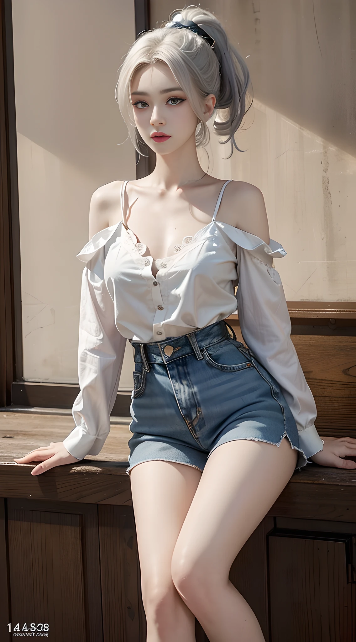 (Best Quality Detail: 1.2), Realistic, 8K HD, Ultra Detailed, High Quality Texture, Complex Detail, Detailed Texture, Fine Detail, High Detail, (Very Detailed CG: 1.38), High Quality, Detailed Beautiful Pretty Face, Fine Beautiful Delicate Eyes, Super Detailed, Realistic, (Detailed Background), [(Detailed Face): 14], (Detailed Nose Red), (Huge Chest), (High Detail Skin: 1.4), Pale Skin, (Black Eye Detail: 1.4), (Big Eyes), full body, high resolution, 1 girl, ponytail white hair, Korean, blue eyes, shirt, skinny denim shorts, thin waist, long legs