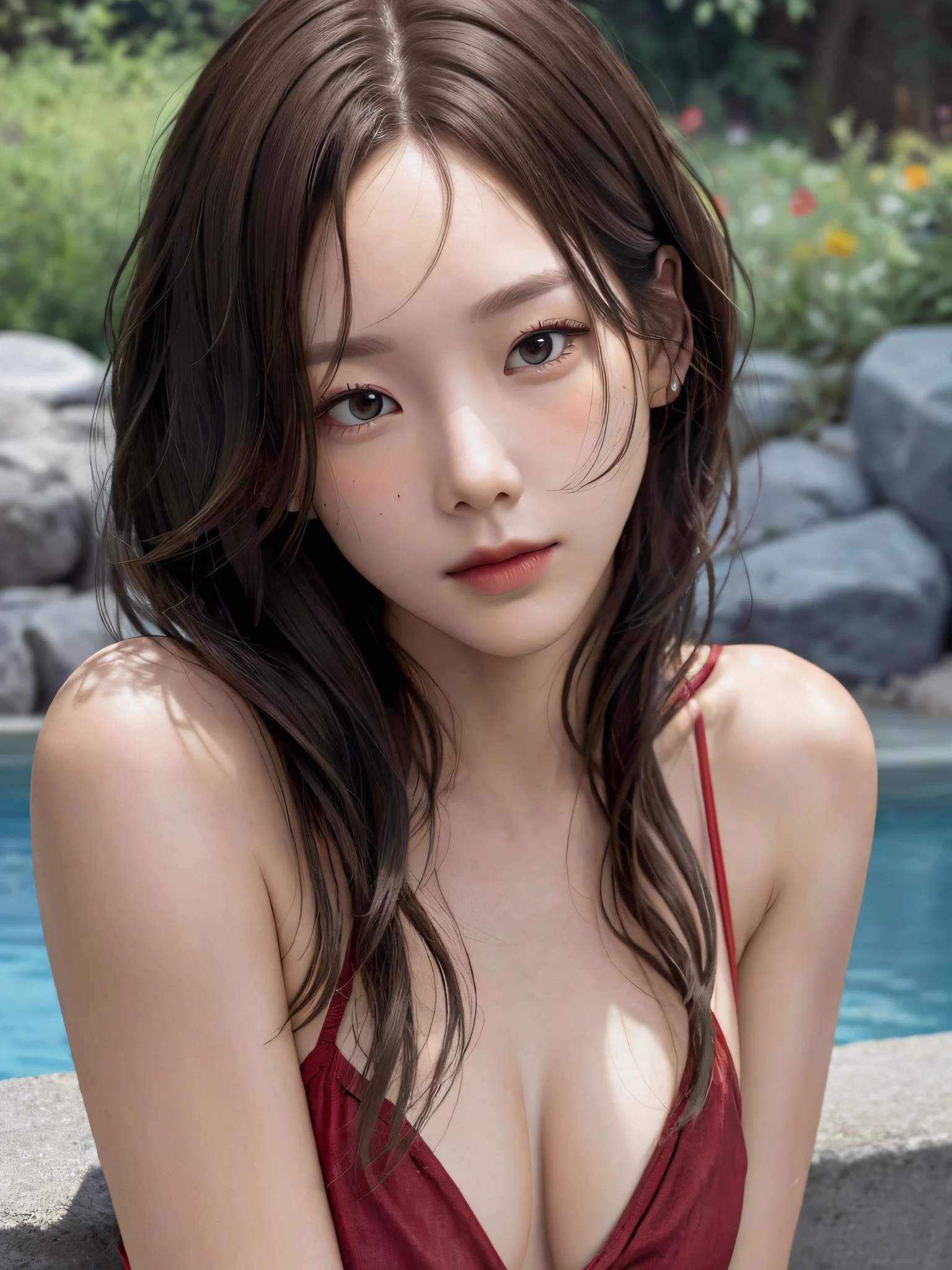 film portrait photography, 1girl, red swimsuit, denim short, medium breast, wavy shoulder-length hair, serene, calm, (realistic detailed eyes, natural skin texture, realistic face details), soft dramatic lighting, depth of field, bokeh, vibrant details, finely detailed, hyperrealistic