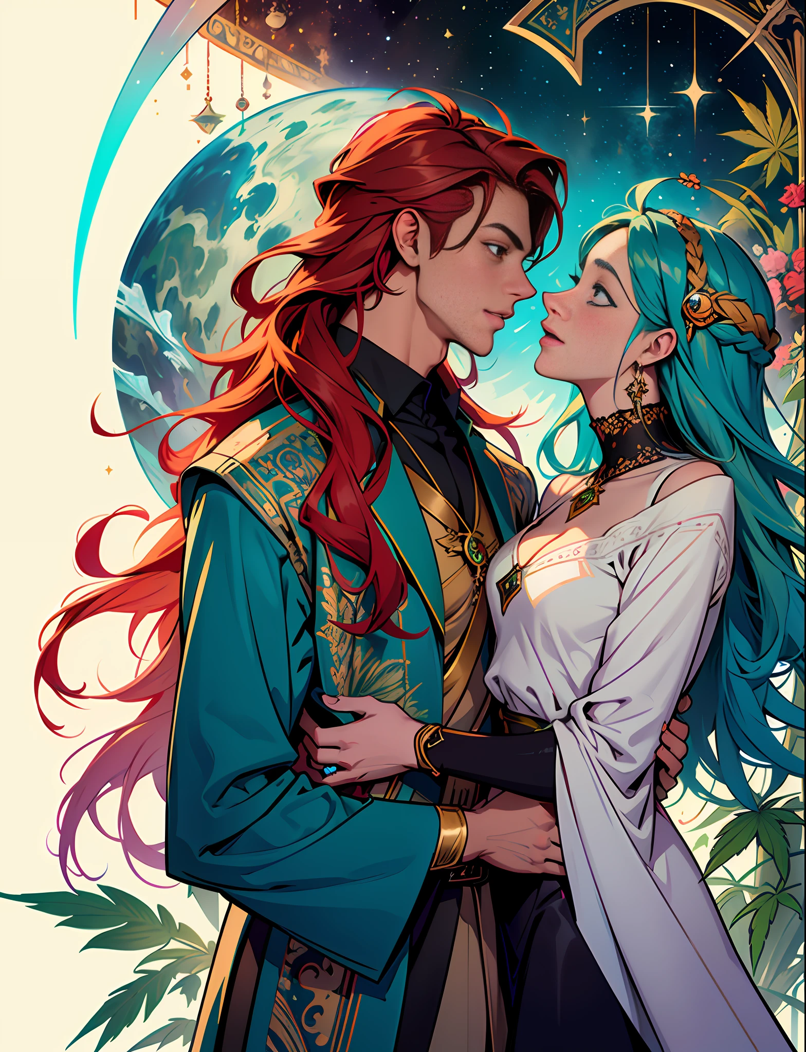 Perfect Eyes, Hemp, Leaf, Marijuana, Cannabis Bump, ((Illustration)), Colorful, Wallpaper, Energy, Unknown Horror, Secret, Magical Environment, Magical Environment, Magic Wand, Books, Pages Flying in the Sky, Omniscience, Predicting the Future, Understanding the Past, Frost Magic, Warlock, Magic Circle, Pentagram, Spells, Chant Magic, Red Hair, Long Hair, Close-Up The Most Beautiful Beautiful Woman and Man, Stylish, Fashionable, Perfect, Elegant tenderness, trendy artstation, Romance, Passion, Cool, Lovers, Lovers, Touch, Weasel from the galaxy of stars underwater, Hyperdetailed, Retrofuturistic, Abstract art, Art by Leonid Afremov, Kandinsky, Psychedelic --v 6
