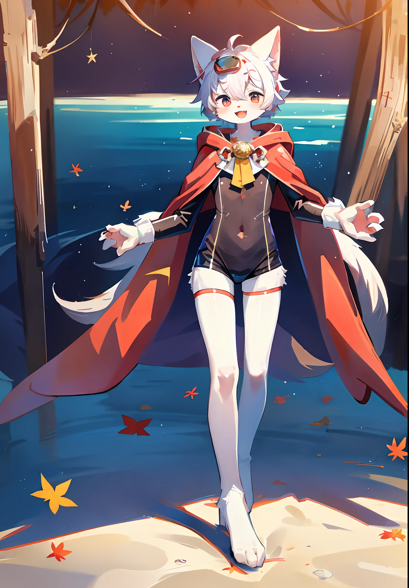 (masterpiece:1.3), (2D:1.0), (anime:1.0), (illustration:1.0), (sharp:1.2), (hard light:1.0), (shadow:1.0),(reflection, refraction:0.8), (light, dappled light, glare, lens flare, Tyndall effect: 1.0), (sharp, shiny: 1.0), (Best Quality: 1.2), (Ultra Fine: 1.0), (Extremely Complex: 1.0), (Blurred foreground, Cinematic Light, Ray Tracing: 1.1), (bright_colors, dark_intense_shadows: 1.1), (Impasto, Colorful: 1.2), (warm_light_from_below, glow_white_ particles:1.1),(Ensemble_Stars! _\(style\):0.95). wolf_boy,anthro,uploaded_on_e621,solo,upper_body,cowbow_shot,male_focus,furry_kemono,furry_male,cub,young_male,bishounen,11_years_old,kawaii,cute,fancy,fragile,cool, handsome. detailed_fluffy_fur,tuft,(white_fur,body_fur,oil_skin,skin_with_fluffy_fur:1.3),animal_nose,animal_ear_fluff,fluffy_paws,pawpads,animal_hand,fluffy_big_tail。 Black clothes printed with a maple leaf pattern. (white hooded cape, red and black hoodie: 1.5), short male hair, white hair, purple eyes, closed eyes, bangs, red dull hair, designed according to the character of Genshin Manyo, open mouth, smile, light blush, goggles, hands raised in the water, holding a red katana, red metal leg rings on the thigh of the right leg are short, bottomless, (swimming: 1.2), looking ahead to the left. (night, starry_sky, crescent_moon, star_\(sky\), gem, plant, star_\(symbol), sparkle), outdoors, landscape, creek