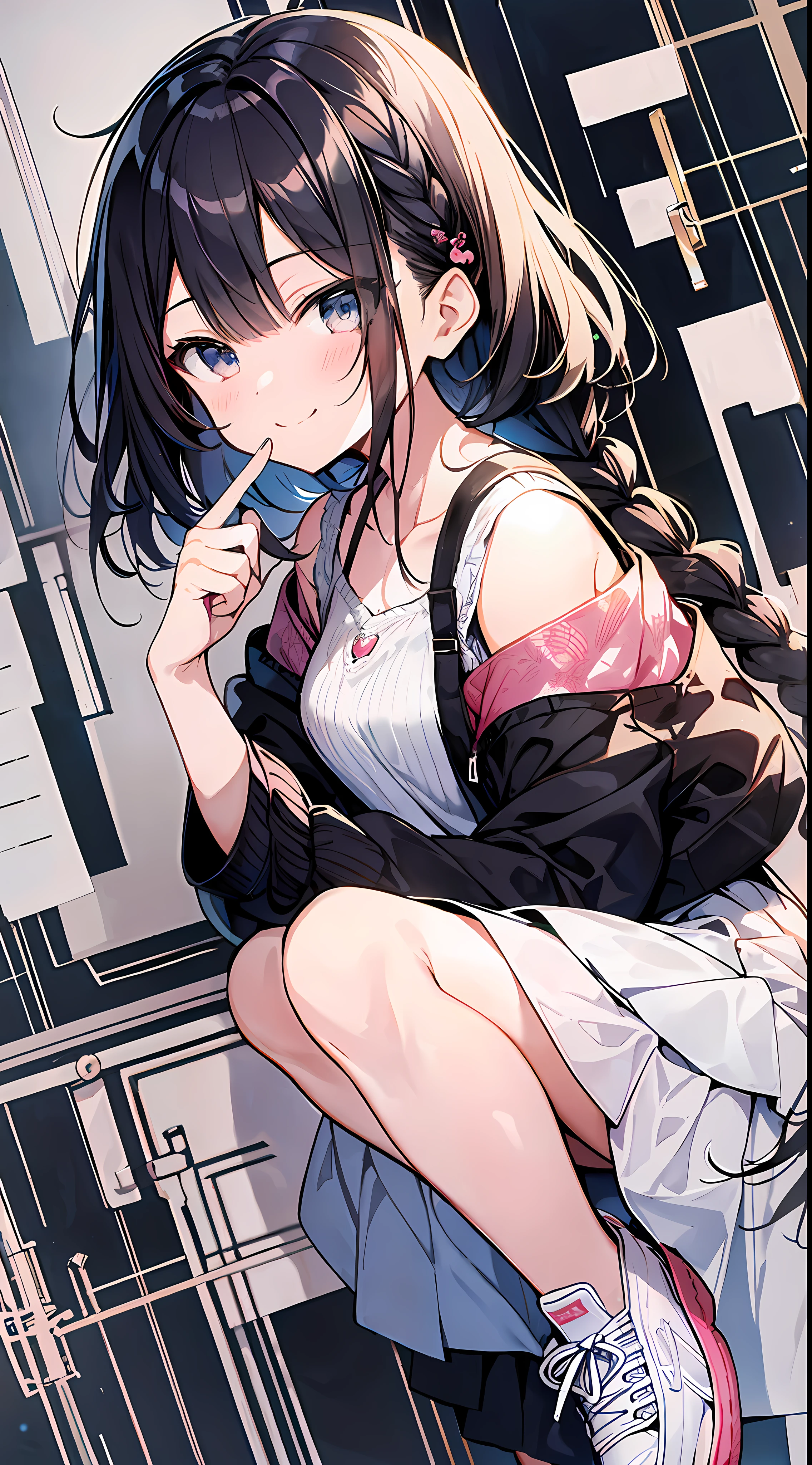 (Incredibly Absurdres Absolutely Resolution: 1.5), Best Quality, Masterpiece, Ultra High Resolution, 8k, (Pale Cardigan, Sneakers, Skirt) BREAK Shoujo Manga Style, (Girl Duo), (), Soft Line Art, Digital Enhancement, Shojo Manga Touch, Shojo Manga Core, (Hair length to shoulder))), (((short braid)))) BREAK Soft drawing, beautiful black hair, clear eyes, ((smile, wink)), ultra-detailed digital anime art, clear face depiction, ultra-detailed shoujo manga character art, clear facial features, manga style, top quality colors, foot-visible angle, entangle, beautiful and aesthetic: 1.5、High quality:1.3