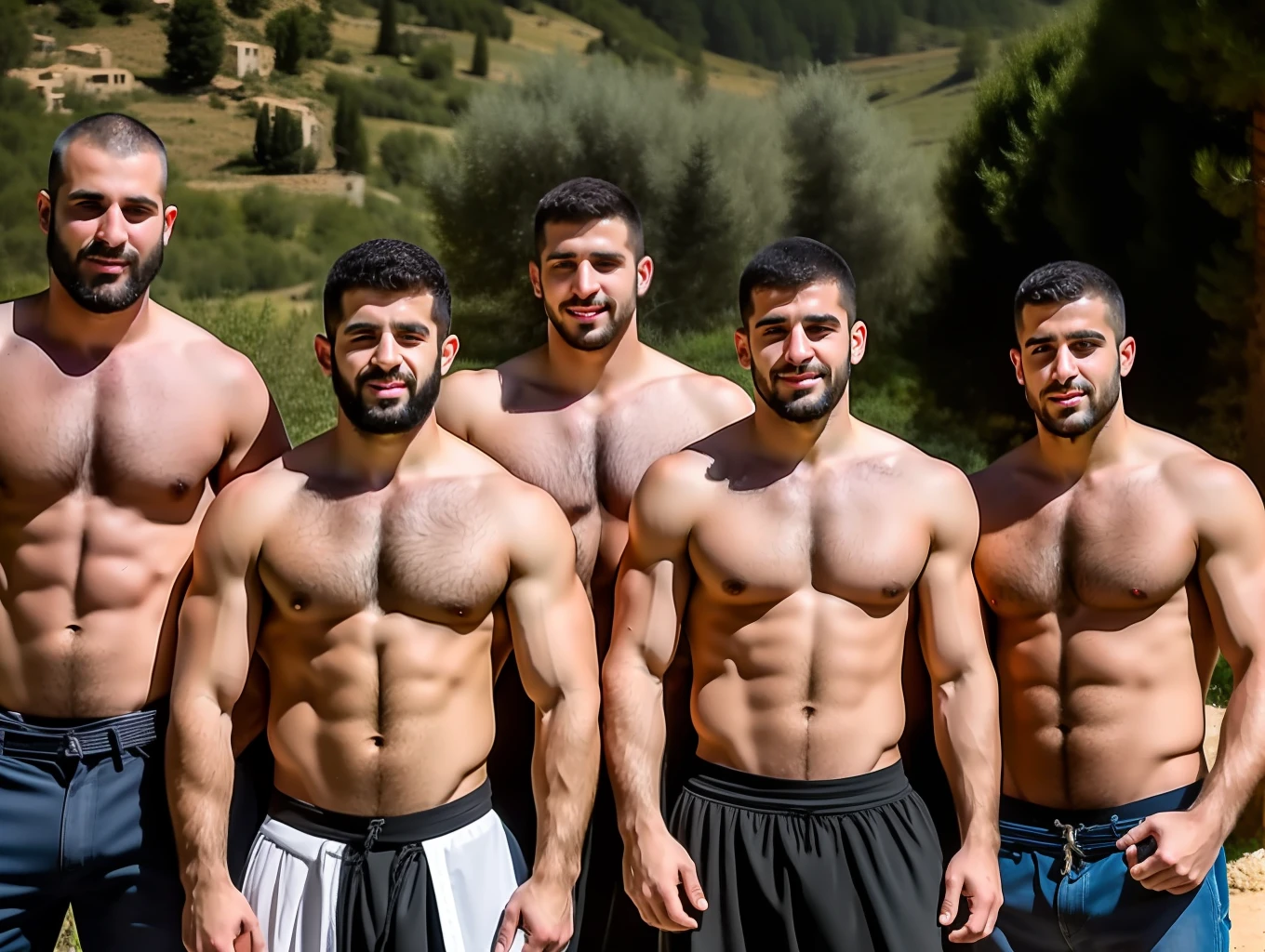 Masterpiece, creat a high resolution Portrait.  Druze 5 family young and mature men in a small village as modern greek soliders, hairy, ,masculine men ,traditional, hairy chest,druze village,hefty, wisdome, shirtless, trees, exposed, intimate, slim, modeling, weapons.  Realistic.