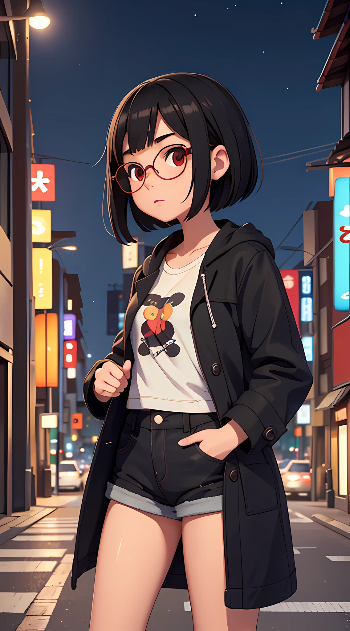 1girl, sensual and innocent, small girl, black hair, red eyes, beauty brand, round glasses, cropped short, short shorts, (large female coat over shoulders), urban, tokyo city, bustling city, moonlight, light particles,(best quality, masterpiece), (super ultra detailed), (illustration), (super masterpiece), extremely delicate and beautiful, (animated), (extremely detailed 8k CG), high resolution,  (perfect finger), (perfect hands), (detailed anatomy)