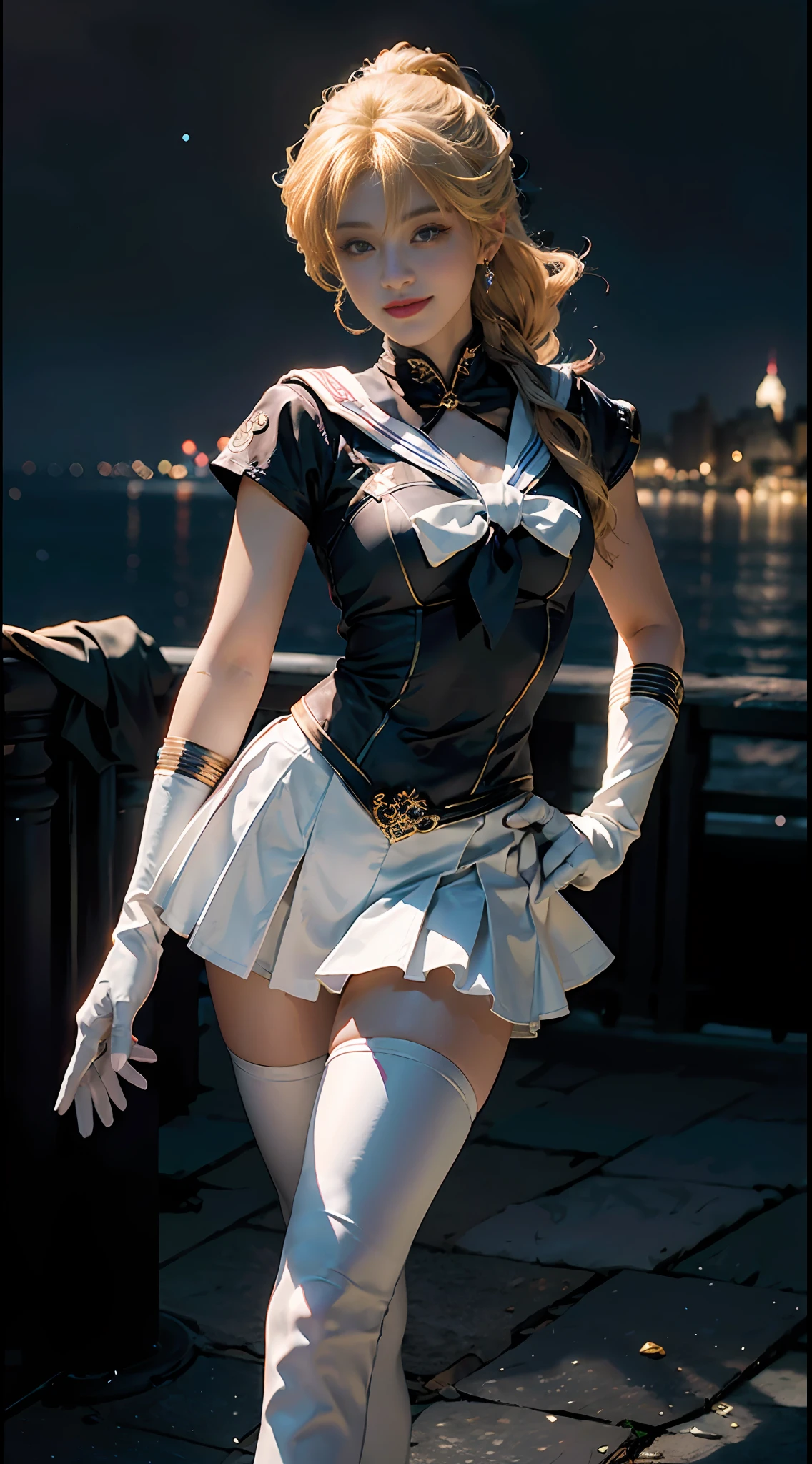 (CG Unity 8K wallpaper with extreme detail, masterpiece, highest quality), (exquisite lighting and shadow, highly dramatic picture, cinematic lens effect), (Sailor Moon: 1.1), charming smile, double tail, vibrant blue eyes, looking at the viewer with blond hair, white tight-fitting top, white gloves, mini skirt, dynamic pose), the background is the universe (excellent detail, excellent lighting, wide angle), (excellent rendering, enough to stand out in its class),