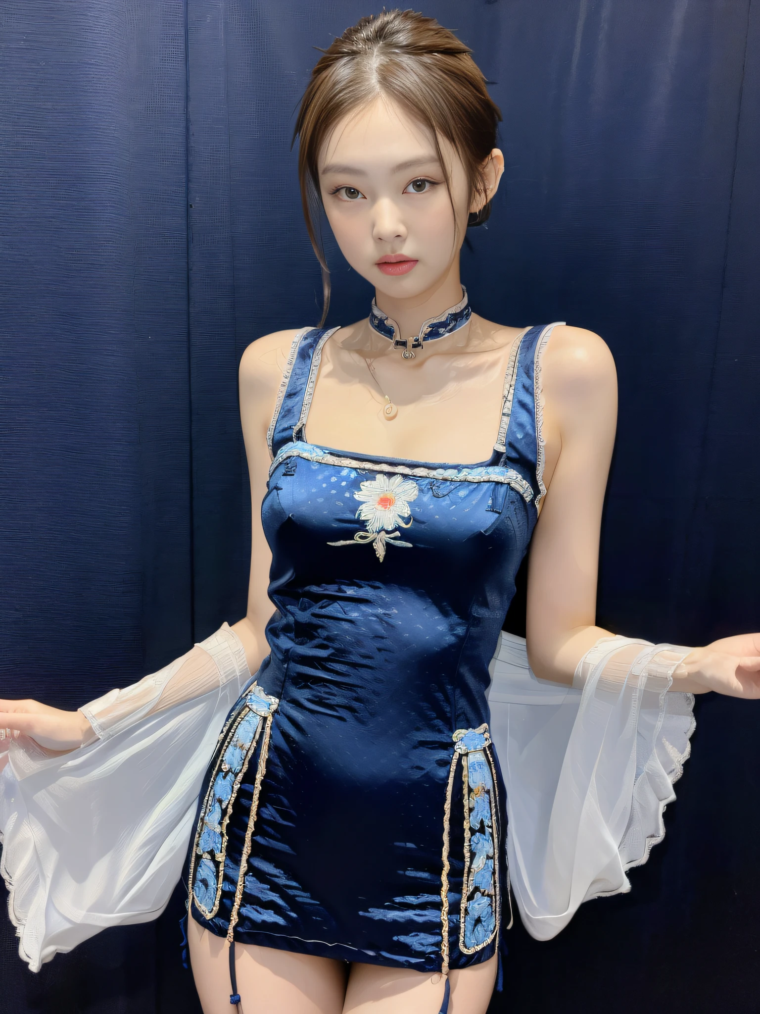((Night view, realistic light, best quality, 8k, masterpiece: 1.3)), 1girl, beautiful woman with slim figure, brown hair, ponytail, wearing light blue suspender cheongsam, embroidered phoenix pattern, sleeveless, sexy, cleavage, split end, long legs, standing pose, close-up, super detailed face, detailed eyes, double eyelids