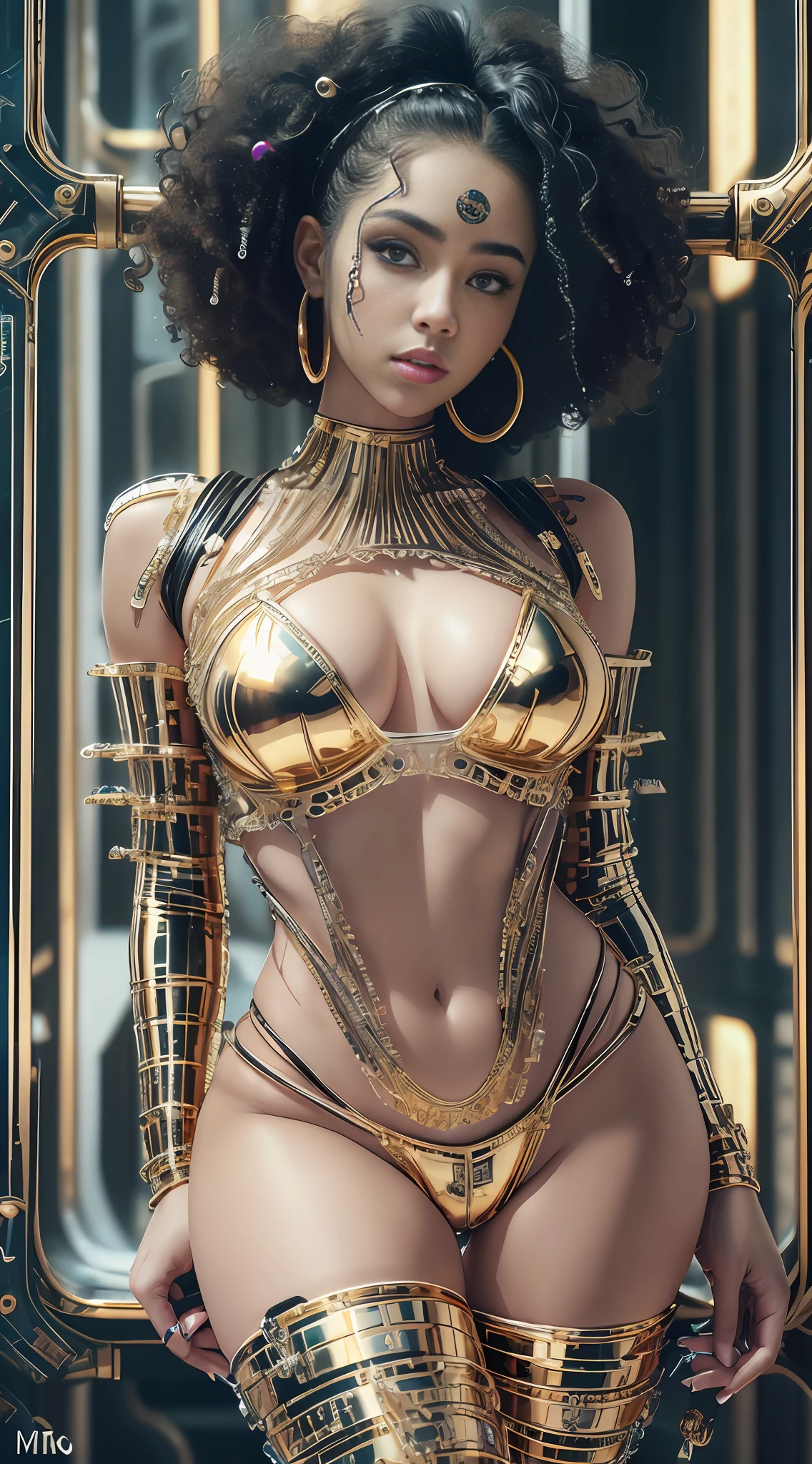 Girl in gold body jewelry, Highly Detailed Face and Skin Texture, big green eyes, juicy lips, bimbo lips, white skin, (afro curly Black hair), pale skin, Detailed Eyes, Double Eyelids, afro curly black  hair, cyberpunk gold metal BDSM, gold metal cyberpunk tapes, metal Collar, metal gold futuristic mikro Panties t-strings, metal panties, metal mikro bra, metal clothes, gold body jewelry, wet skin. White skin, she is on the futuristic cyberpunk white and Black room in the spacecraft. Piercing in the nose.