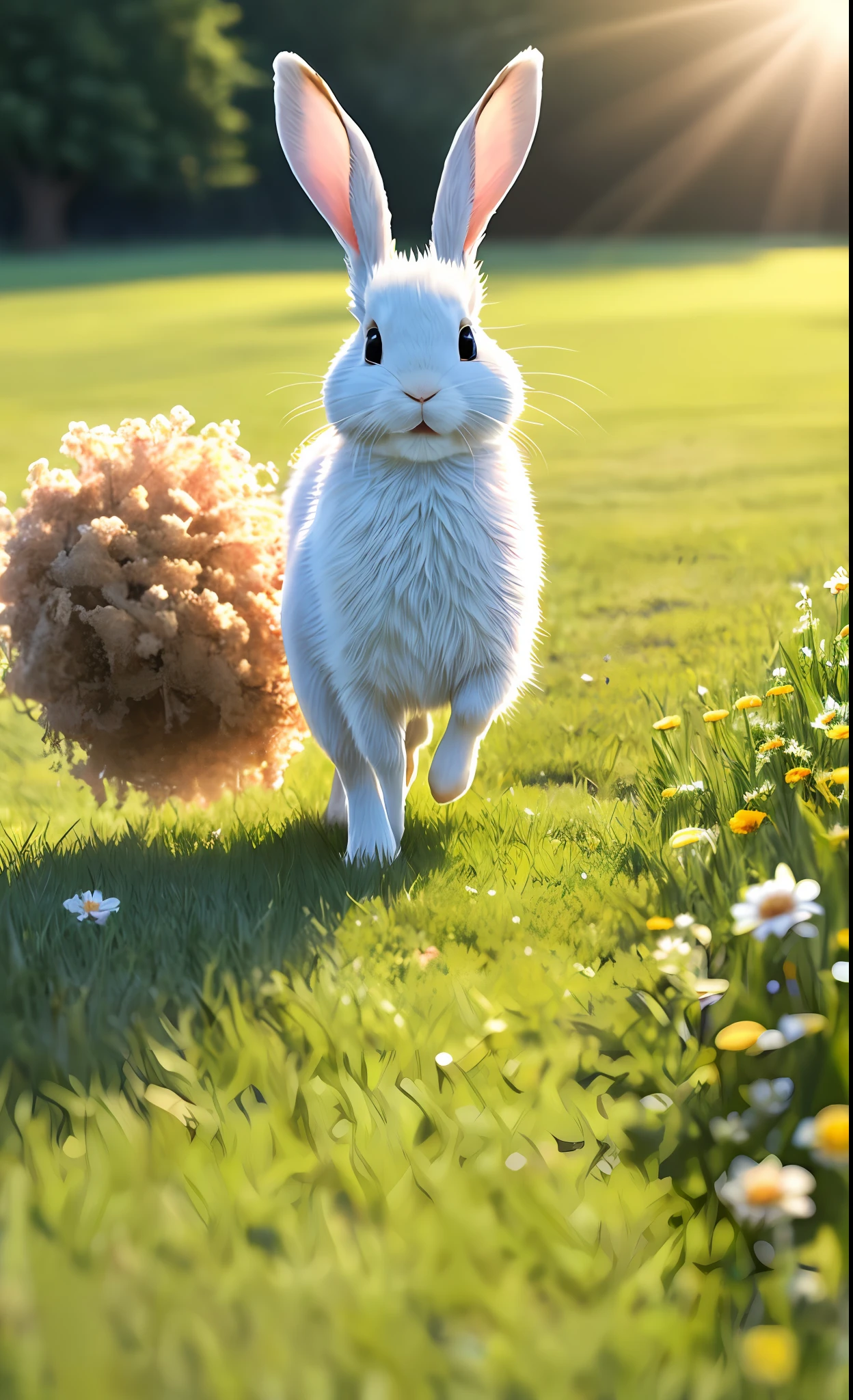 ((masterpiece, best quality)), soil, animal ears, fluffy rabbit, rabbit ears, running, grass, outdoor, full body, animal, sunlight, sunlight dappled, daytime, depth of field --v6