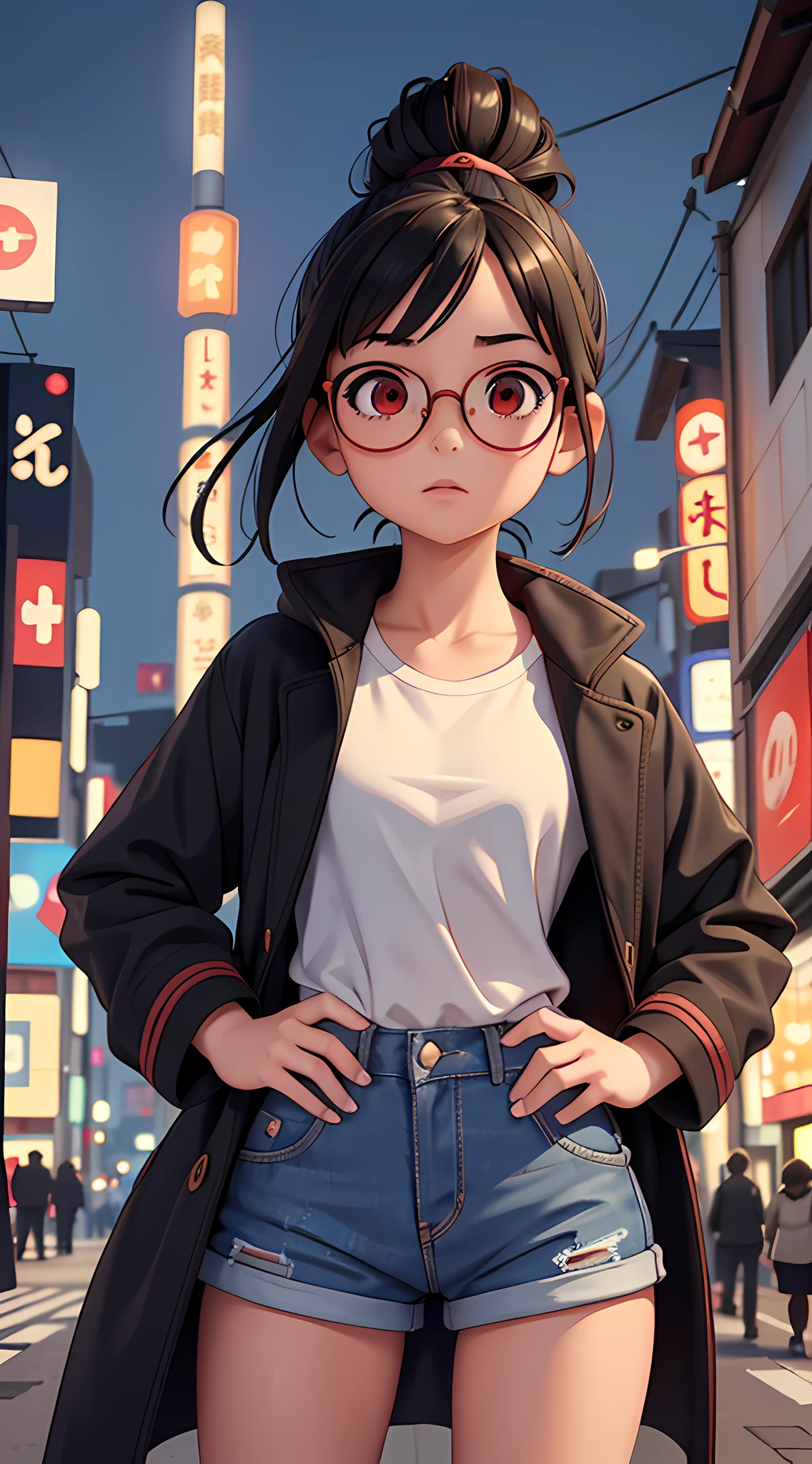 1girl, sensual and innocent,  girl, black hair, red eyes, beauty brand, round glasses, cropped short, short shorts, (large female coat over shoulders), urban, tokyo city, bustling city, moonlight, light particles,(best quality, masterpiece), (super ultra detailed), (illustration), (super masterpiece), extremely delicate and beautiful, (animated), (extremely detailed 8k CG), high resolution,  (perfect finger), (perfect hands), (detailed anatomy)