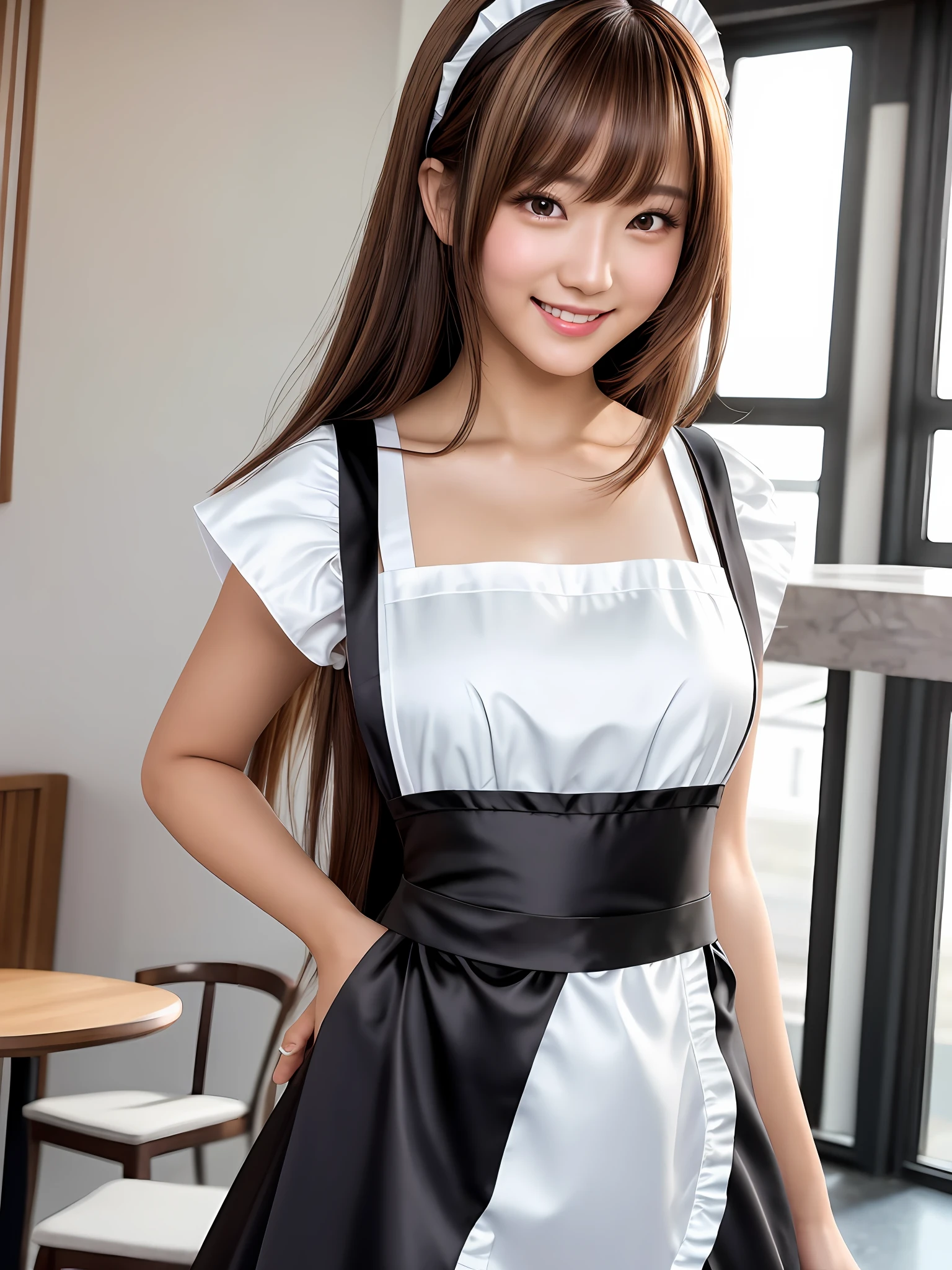 masterpiece, 1 girl per 1 photo, upper body shot, directly front view, a Japanese young pretty woman, wearing a satin black cute maid costume in the cafe with a big smile, wearing a white apron, glamorous figure, hyper cute face, glossy lips, sweaty body, double eyelids in both eyes, Natural makeup, long eyelashes, shiny smooth light brown hair of long bob hair, asymmetrical bangs, tanned skin, central image, 8K resolution, high detail, detailed hairstyle, Detailed Face, spectacular cinematic lighting, octane rendering, vibrant, hyper realistic, perfect limbs, perfect anatomy