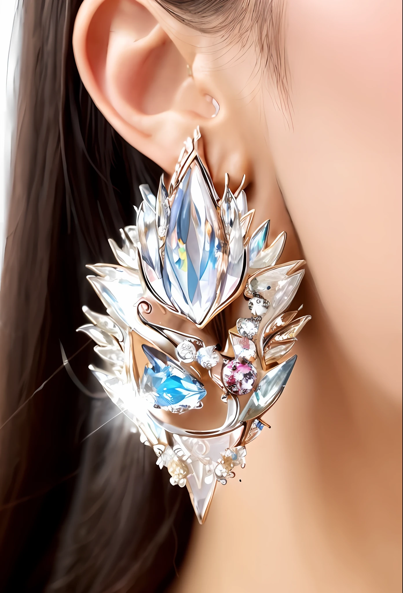 a close up of a woman wearing a pair of earrings, an earring, earring, wearing ornate earrings, earrings, huge earrings, giant earrings, earings, super intricate jewelry, jewelry iridescent, jeweled, close up details, ornate colored gems and crystals, big earrings, intricate and elegant, stunning details, stunning detail, jewelry photography, detailed jewellery