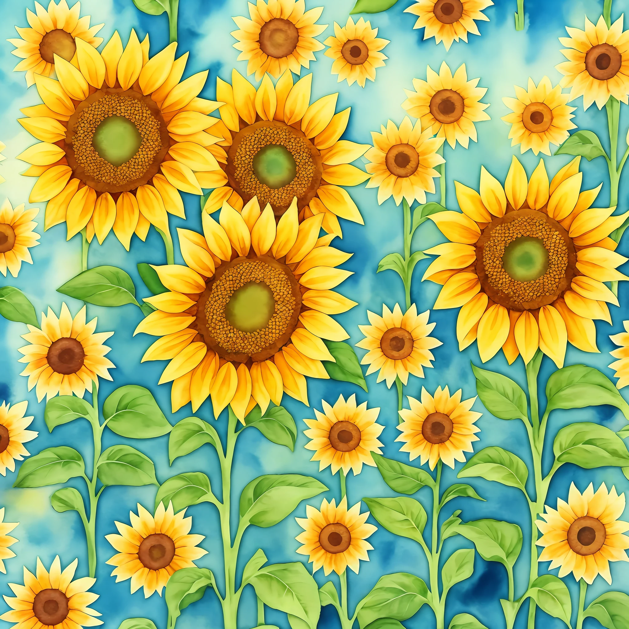 A painting of sunflowers on blue background with green leaves, crystal sunflowers, sunflower background, sunflowers, scene : sunflower field, scene: sunflower field, color: yellow sunflower, color : yellow sunflower, sunflower field, sunflower on background, ice sunflower, sunflower field, sunflower flower, sunflower flower, sunflower stained glass, sunlight, on a sunny day, sunny day, white background, cartoon