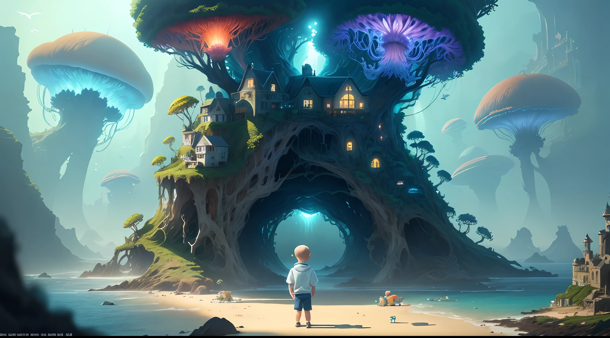 a , the boy wears shorts, a white hoodie and a brown school bag talking with a squirrel. Masterpiece, High Quality, Ocean Forest, City, Fantastic Fantasy, Glowing Plants, Coral Viaduct, (Swarm of Glowing Jellyfish), (Shoal of Fish with Transparent Wings Flying in the Sky), Misty, Extreme Detail, Morning Light, Epic Composition, (Intricate Detail), (Intricate Design, Ultra Detail: 1.2), Art Station, (Masterpiece, Best Quality), Ultra HD, 32k ,castle,relic ,(Underworld),Underground --v 6