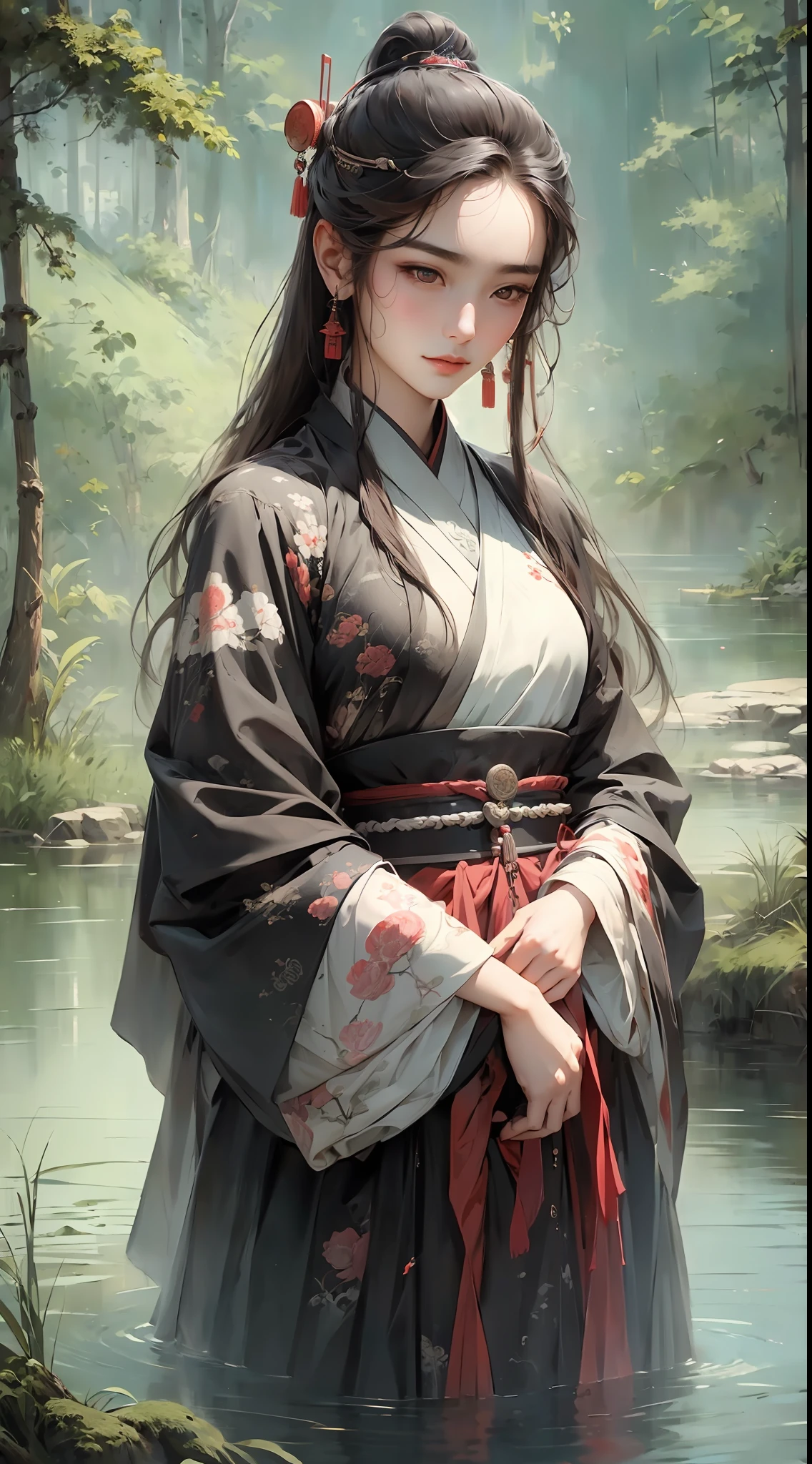 (8K, Best Quality, Masterpiece:1.2), (Realistic, Realistic:1.37), Ultra Detailed, 1 Ancient Chinese Man Holding 1 Woman Standing in the Lake, Intimate Embrace, Super Fine Face, Fine Eyes, Double Eyelids, Detailed Details, Vintage Colors