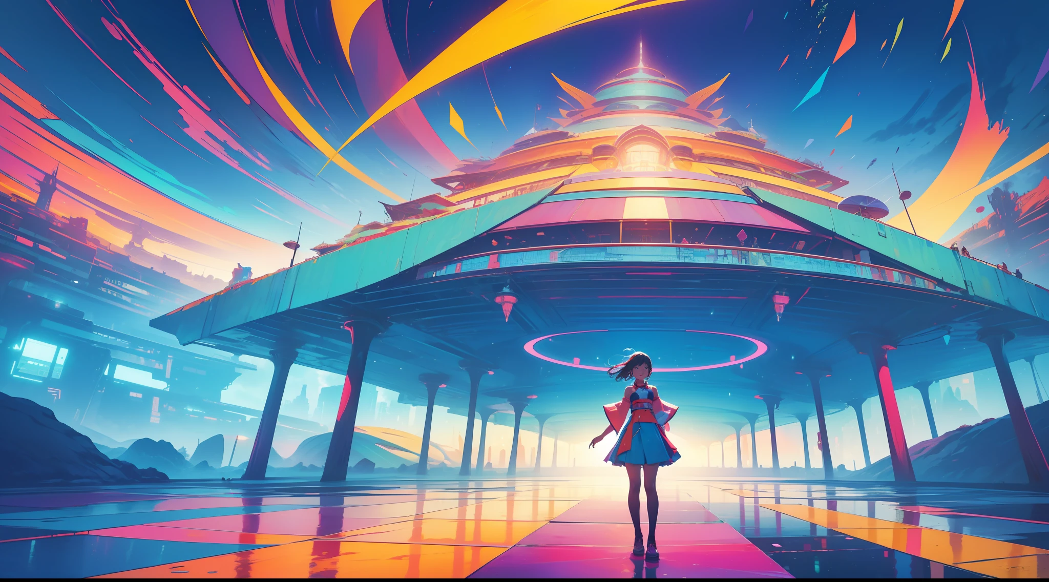((abstract and surreal place with vibrant colors that gives the feeling of joy, motivation, satisfaction and knowledge)), clear place, full body shot, 1girl with short ancestral clothes