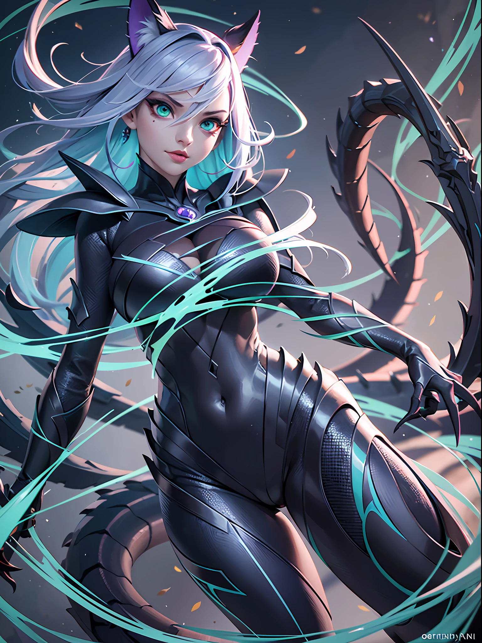 A captivating female reptilian hero emerges, her silhouette cutting through the darkness. Vibrant scales, a fusion of deep purples and radiant greens, cover her serpentine body. Her gaze, emanating from piercing green eyes, look onto the viewer, demanding attention. Clad in streamlined armor, she embodies a perfect balance of grace and ferocity. Poisonous mist swirls around her claws, a potent symbol of her venomous powers. With a confident stance and a sinuous tail, she epitomizes the lethal prowess of a reptilian warrior., fingersmile, licking lips, depth of field, cinematic lighting, ray tracing, Surrealism, high detail, high detail, cinematic lighting, depth of field, ray tracing, bloom, from below, masterpiece, highres, best quality, high quality, high details, super detail, textured skin, masterpiece, anatomically correct, textured skin, super detail, high details, high quality, award winning, highres, best quality, HD