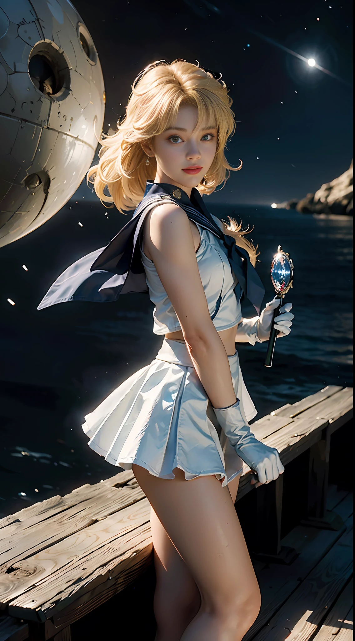 (CG Unity 8K wallpaper with extreme detail, masterpiece, highest quality), (exquisite lighting and shadow, highly dramatic picture, cinematic lens effect), (Sailor Moon: 1.1), charming smile, double tail, vibrant blue eyes, looking at the viewer with blond hair, white tight-fitting top, white gloves, mini skirt, dynamic pose), the background is the universe (excellent detail, excellent lighting, wide angle), (excellent rendering, enough to stand out in its class),