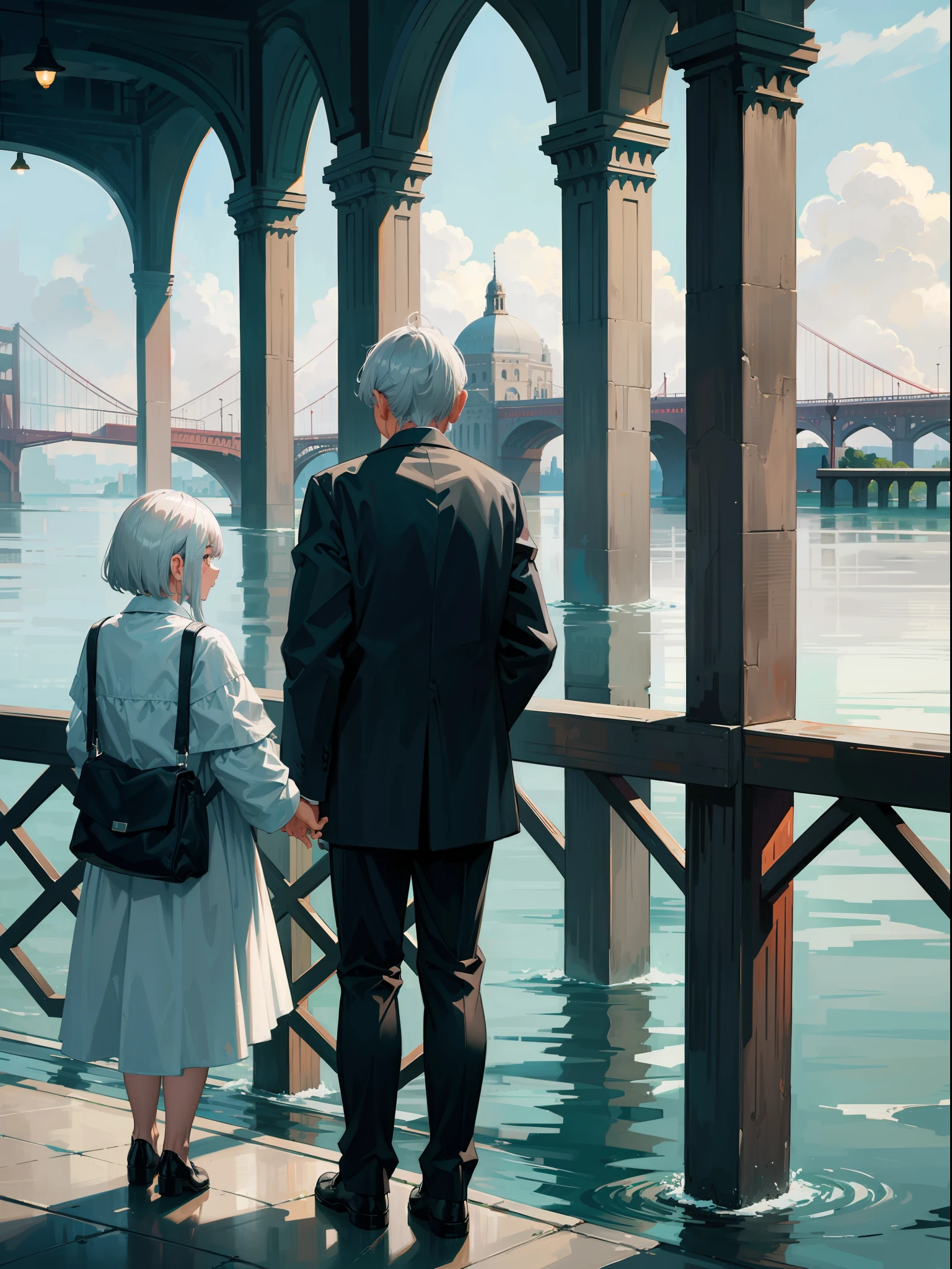 grey hair old man and silver hair old woman leaning on a rail, looking at the water, their backs to the camera, facing away from the camera,