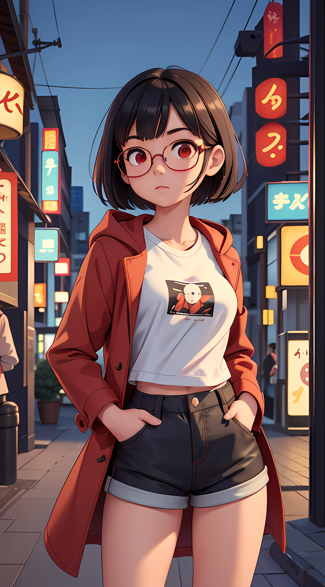 1girl, sensual and innocent, small girl, black hair, red eyes, beauty brand, round glasses, cropped short, short shorts, (large female coat over shoulders), urban, tokyo city, bustling city, moonlight, light particles,(best quality, masterpiece), (super ultra detailed), (illustration), (super masterpiece), extremely delicate and beautiful, (animated), (extremely detailed 8k CG), high resolution, (perfect finger), (perfect hands), (detailed anatomy)