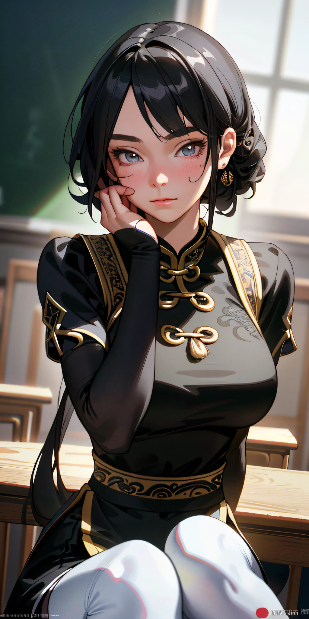 (very detailed face))), ((very detailed eyes and face))), beautiful detail eyes, body parts__, official art, unified 8k wallpaper, super detailed, beautiful and beautiful, beautiful, masterpiece, best quality, original, masterpiece, super fine photo, best quality, super high resolution, woman wearing black cheongsam and white stockings, busty figure, classroom, detailed face, detailed complex busy background, messy, gorgeous, highly detailed skin, realistic skin details, visible pores, clear focus, volumetric fog, 8k uhd, DSLR, high quality, film grain, fair skin, photo realism